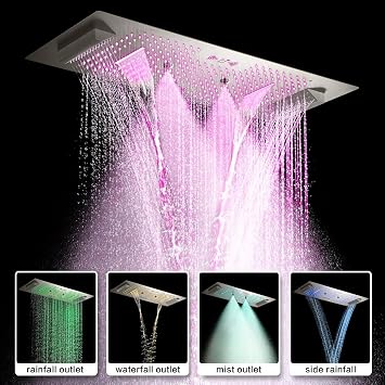 Verona 16x36 Luxury LED Shower Head with Bluetooth Speakers by Cascada Showers, 4 Functions showerhead (Rainfall, Waterfall, Mist & Side Rainfall) (Antique Brass)
