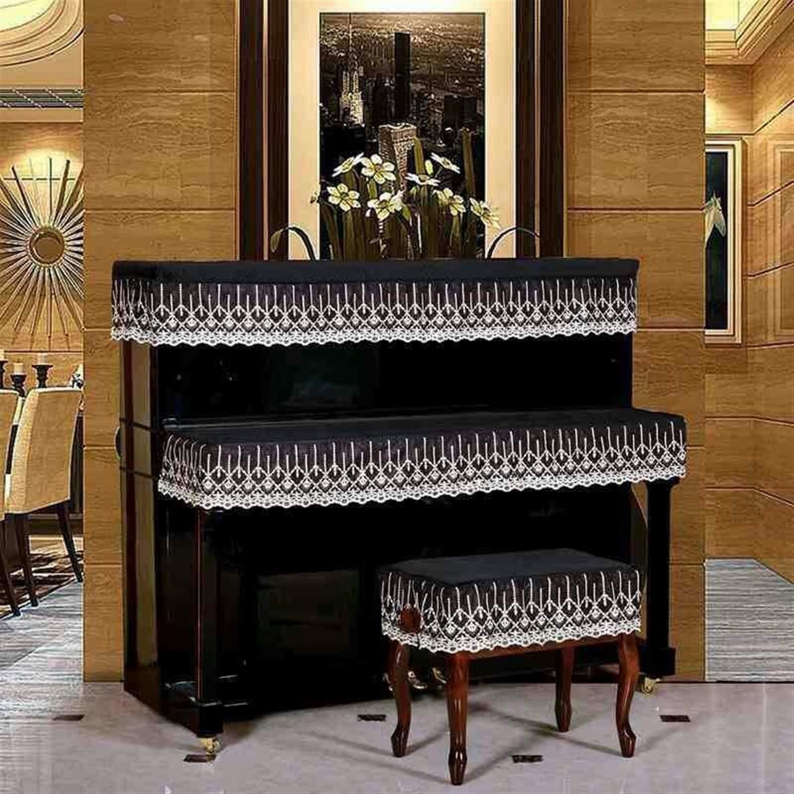 Klavier-Schutztuch, staubdichte Abdeckung, for Standard-150-cm-Klavier, 3 Stück/Set Rüschen-Staubschutz for aufrechte Klaviere mit Hocker-Abdeckung, halbaufrechte Klavierabdeckung, Tastaturabdeckung f