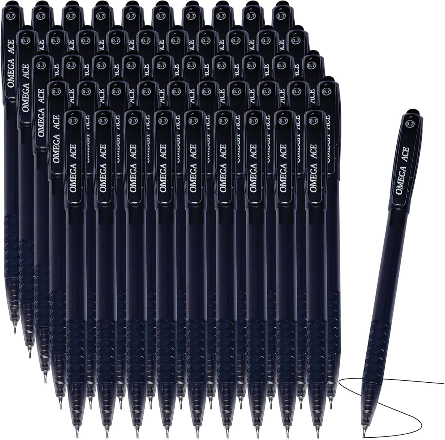 Ace Retractable Ballpoint Pens, BLACK, Fine Point (0.7 mm), Pack of 50, Smooth Ball Pens, Click Mechanism, School Office Home Everyday Use