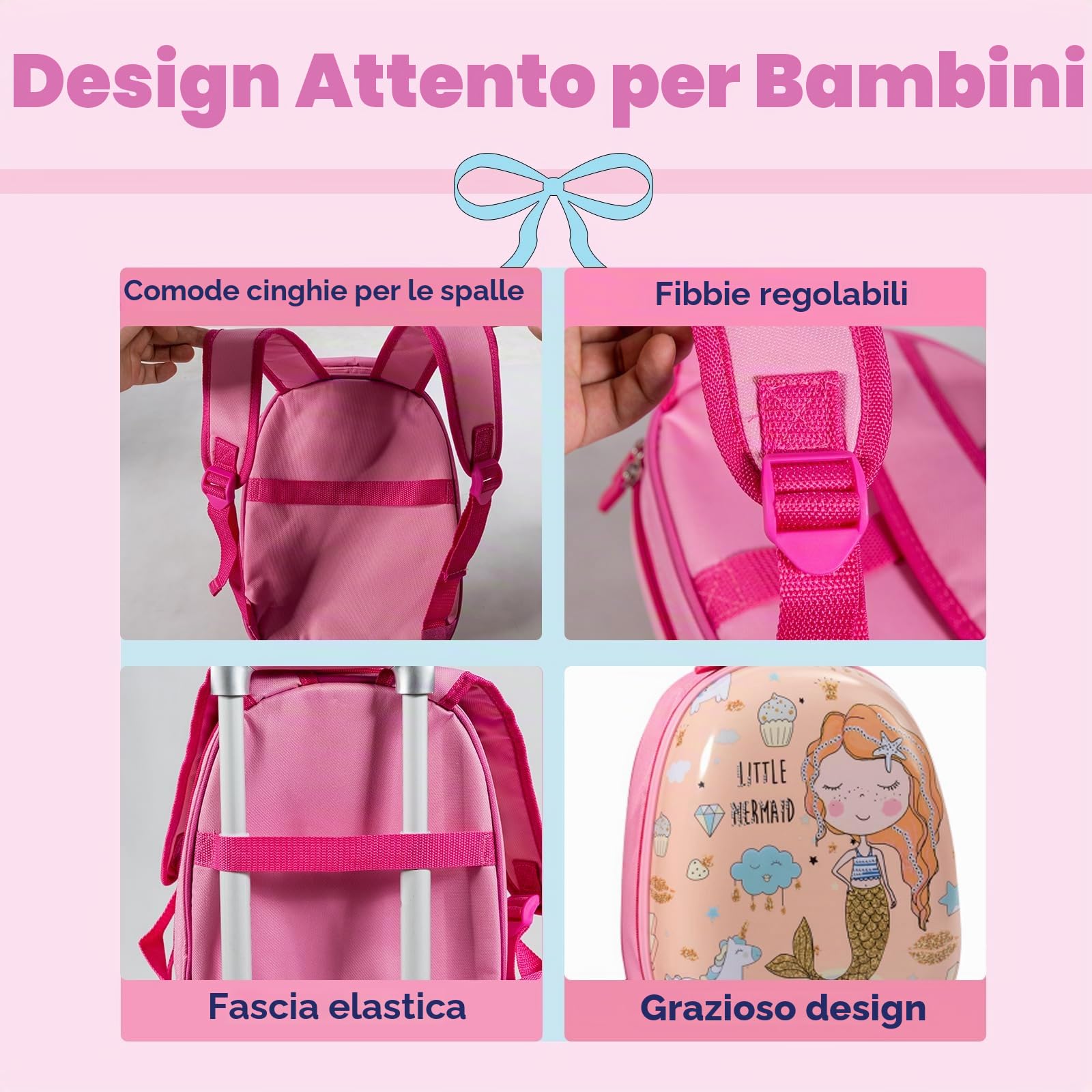 SOARS Set di Valigia 18’’ + Zaino 12’’ per Bambini 2 Pezzi, Bagagli 2-in-1 con Zainetto da Viaggio Aereo, Trolley con Maniglia Telescopica e 4 Ruote a 360° (Rosa Sirena)