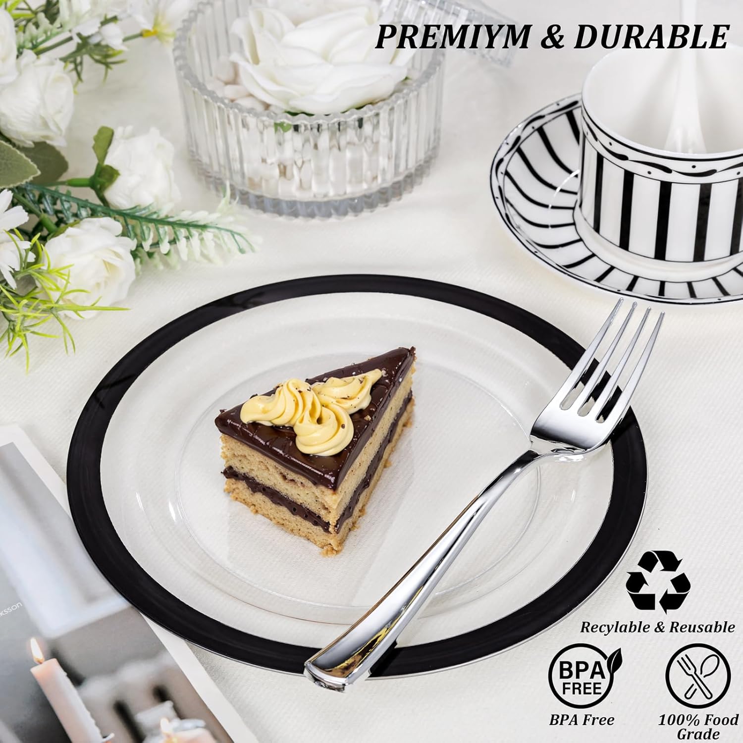 U-QE 200 Pcs Clear and Black Plastic Plates - Black Plates Disposable Heavy Duty - Black Plastic Plates for Party - Include 100 Plastic Dinner Plates 10'' & 100 Plastic Dessert Plates 7''(Heavyweight)