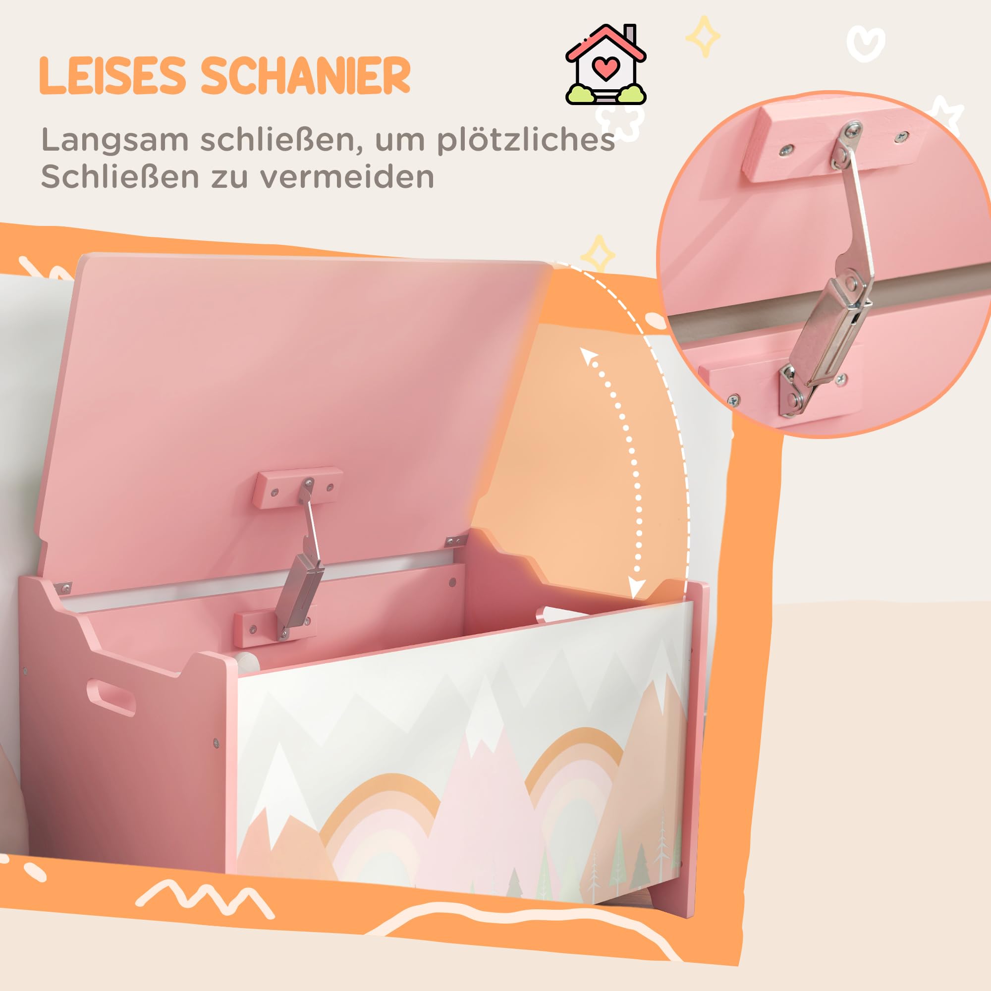 ZONEKIZ Baúl de juguetes con tapa abatible 60x37x39cm Rosa | Baúl juguetes con bisagra seguridad, diseño animal lindo y asa, para habitación infantil