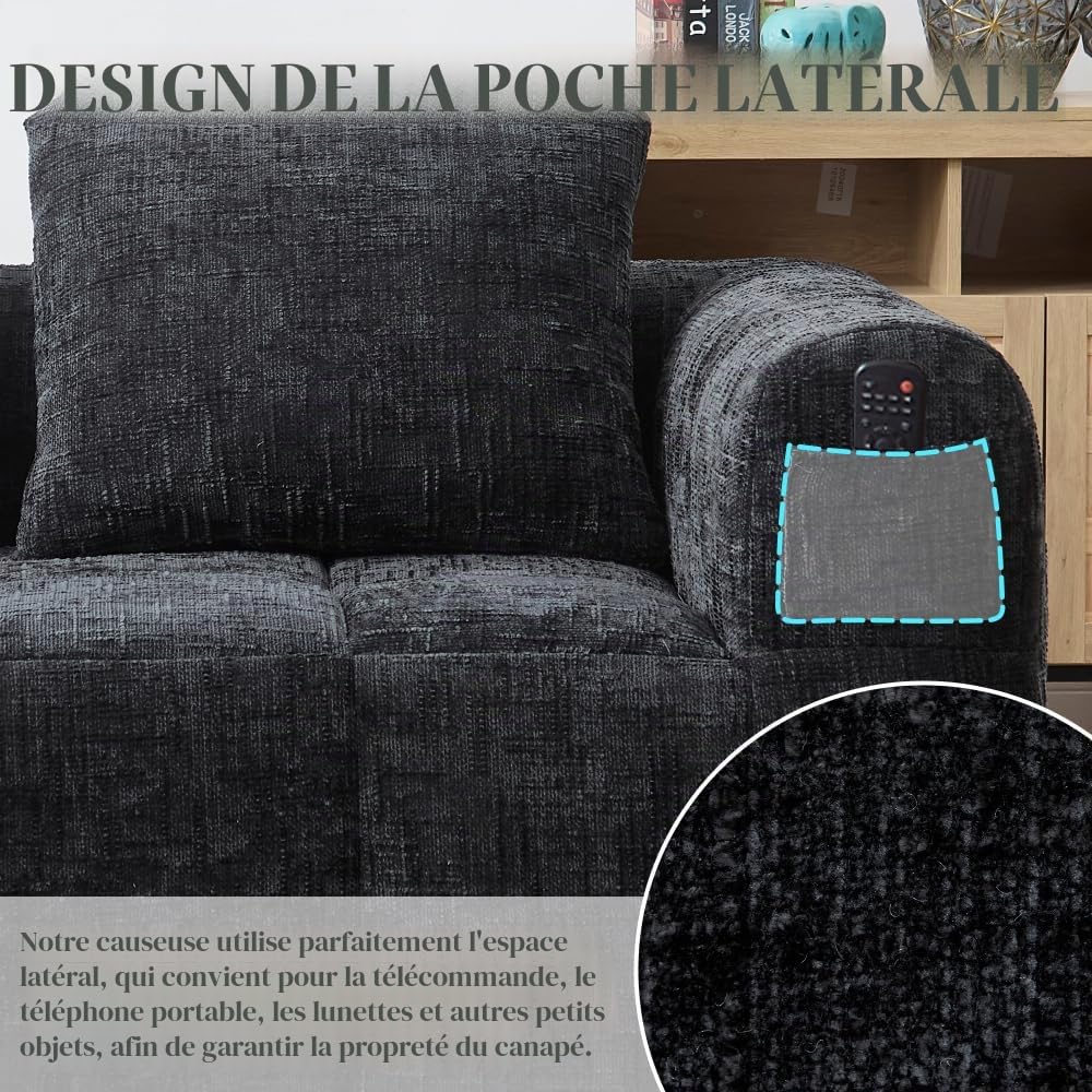 Sapgaks Canapé convertible de 1 à 3 places, canapé modulaire, canapé d'angle modulaire, avec poches latérales, en chenille, avec méridienne et accoudoirs, coussin d'assise inclus (noir + chenille + 2