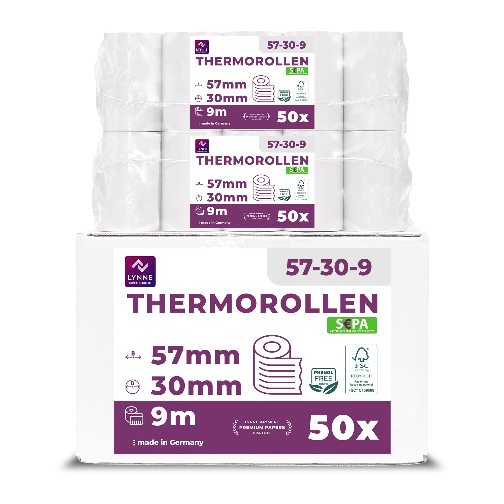 Ec-Cash Thermorollen 57mm x 9m x 12mm - Kassenrollen - Thermopapier - Bonrollen für Bankomat - Kredit-Kartenlesegeräte (57x30x12) - mit SEPA-Lastschrifttext (50 Rollen)