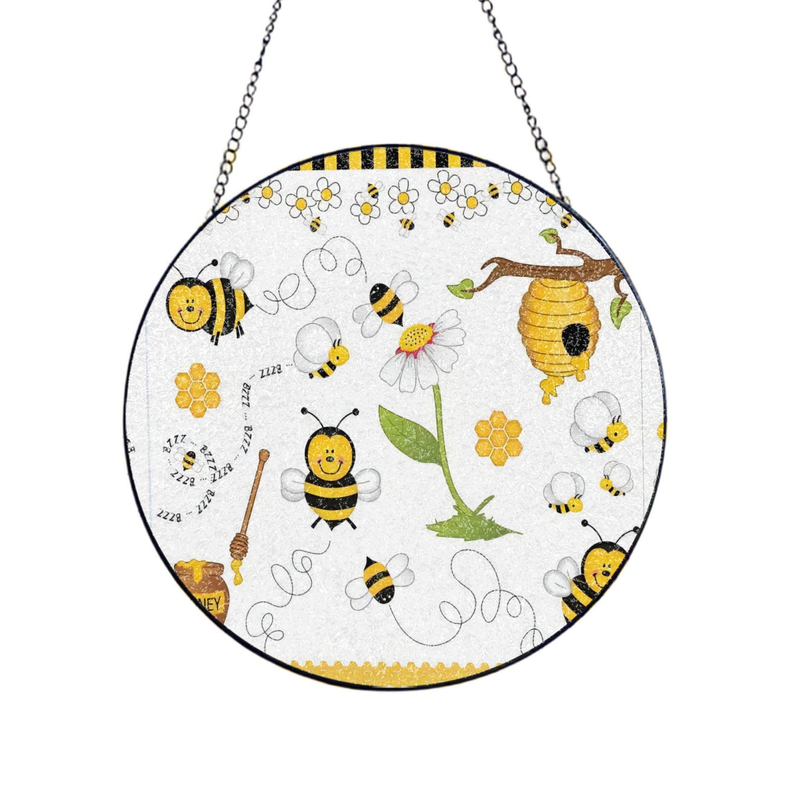 Phayah Flying Bees Daisy Honey Print Stained Glass Window Hanging Suncatcher For Door Terrace Garden Home Decor Sun Catcher Birthday Gifts For Lovers Dad Mom 12in（30cm）