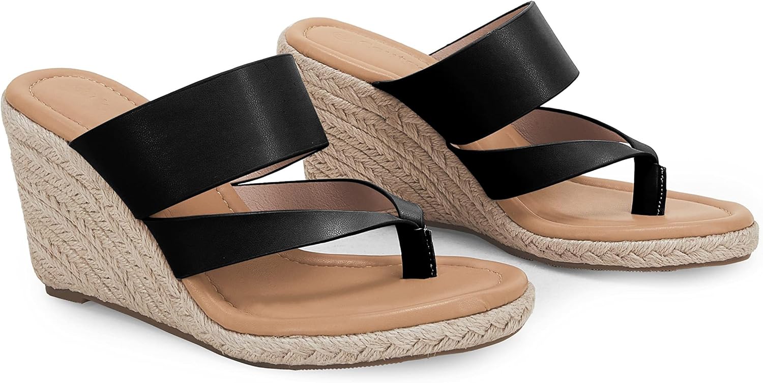Coutgo Women's Espadrille Wedge Sandals Platform Thong Leather Strap Slides Backless Slip On Summer Casual Flip Flops - Image 2