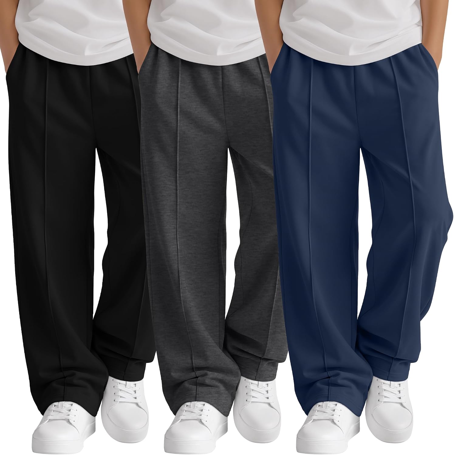 3 Pack Boys' Baggty Sweatpants | Back to School, Athletic Pants, Wide Leg Open Bottom, Elastic Waist Joggers, Sports Casual Wear, Uniform Pants with Pockets