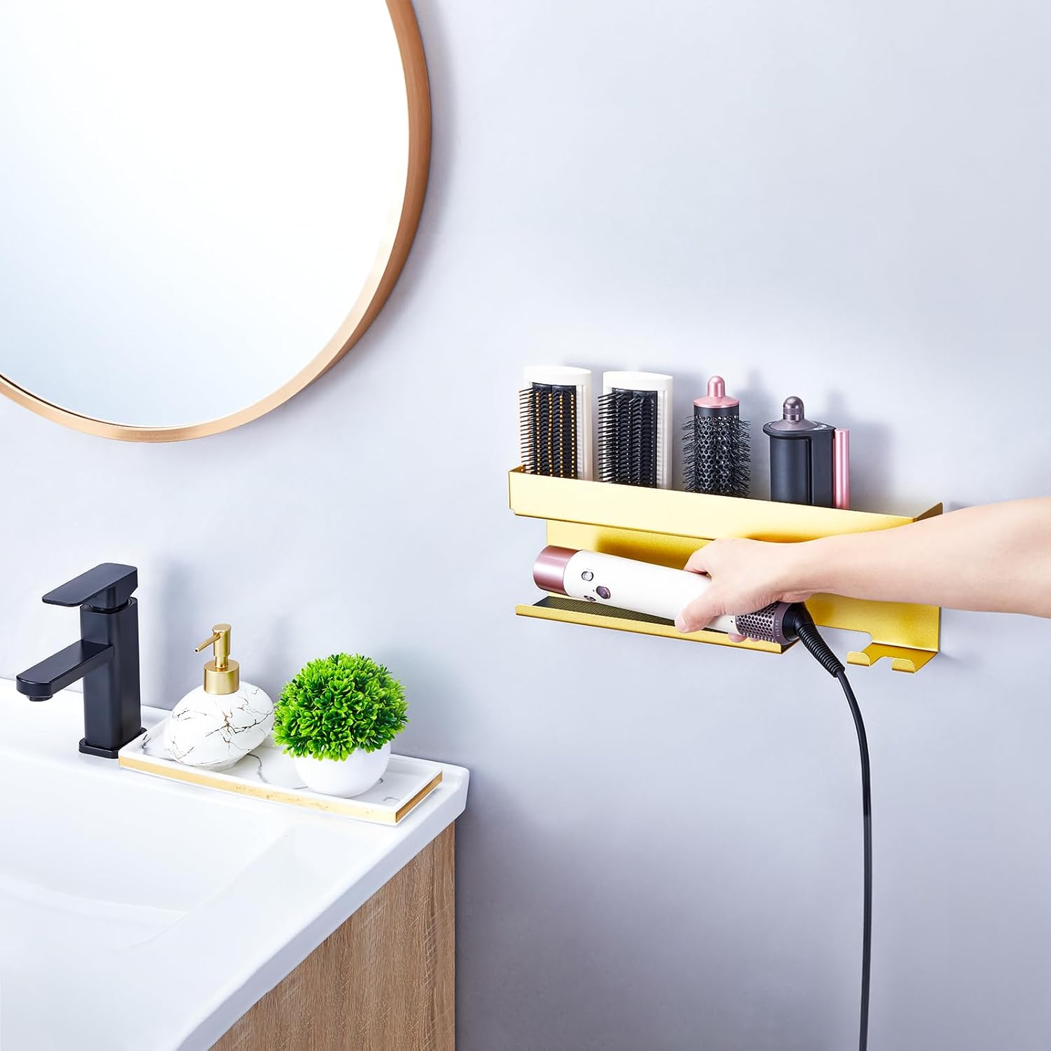Blow Dryer Holder Wall Mounted Hair Straightener Holder, Blow Dryer and Curling Iron Holder for 7 in 1 Styler Attachments, Hair Dryer Holder, Bathroom Hair Tools Organizer (Gold)