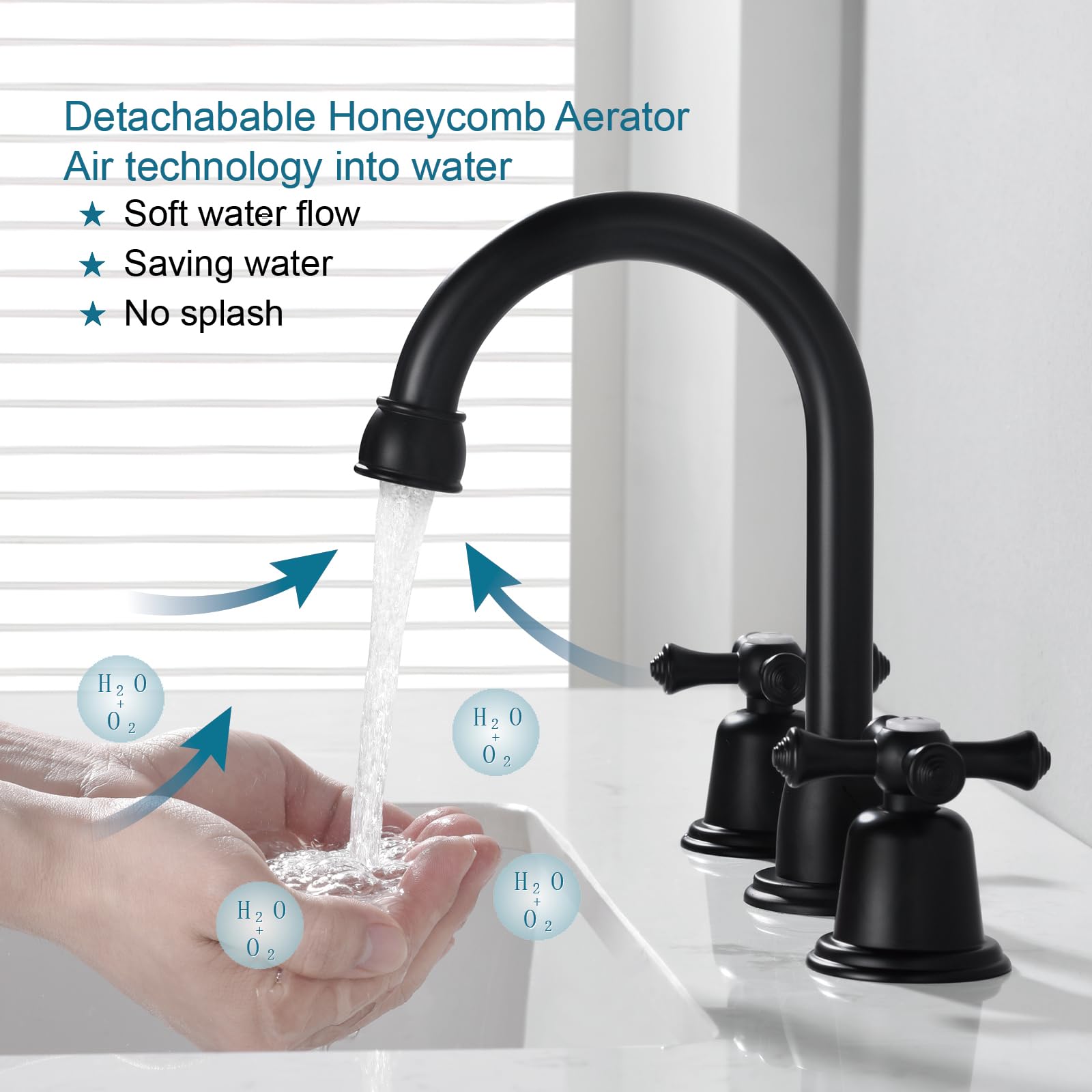RKF CWF039-MB - Grifos de baño para fregadero de 3 agujeros, color negro mate, 8 pulgadas, llave de fregadero de baño generalizada con desagüe, 2 asas, pomos cruzados, grifo mezclador para lavabo con