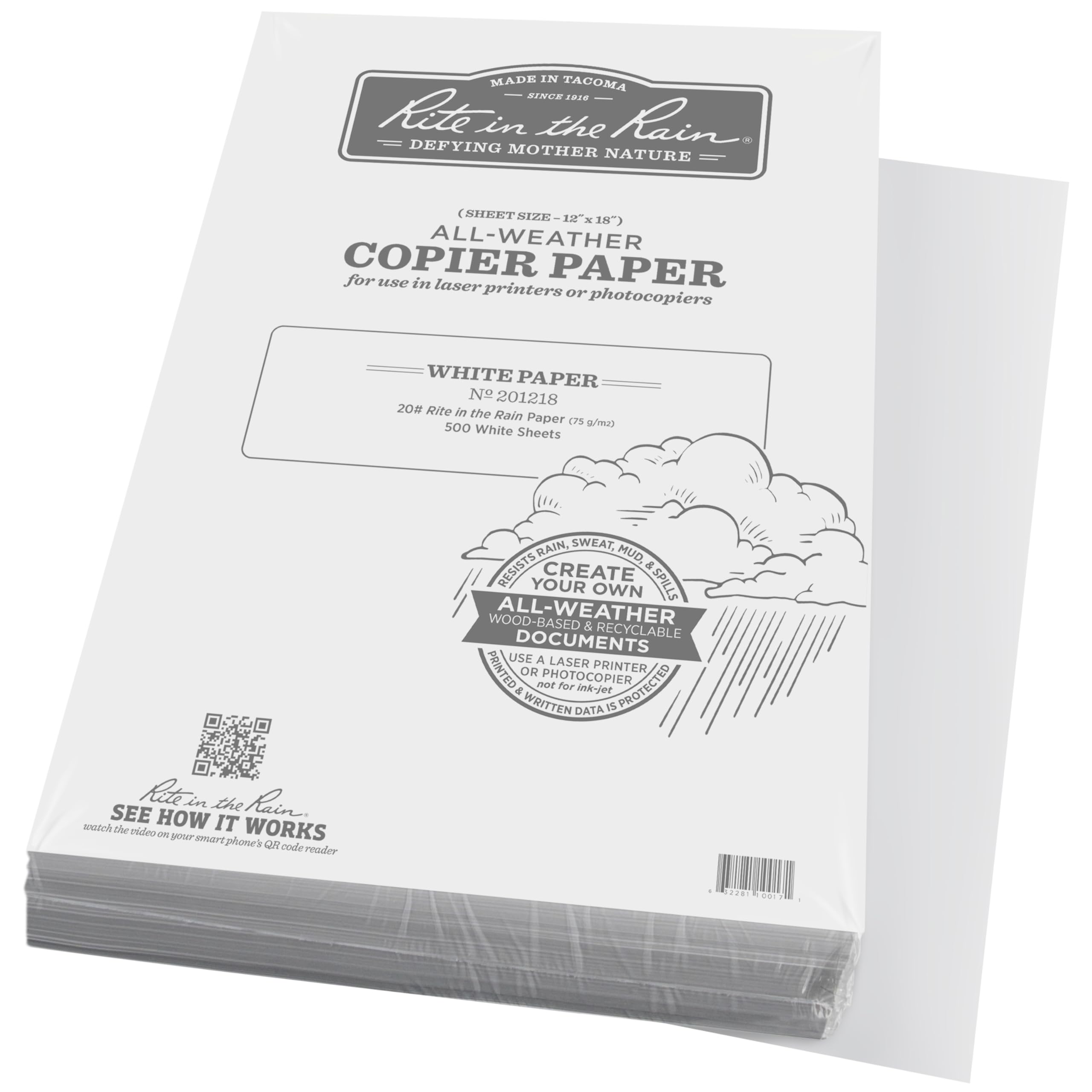 Rite In The Rain All-Weather Bulk Copier Paper, 12" x 18", 20# White, 500 Sheet Pack (No. 201218)