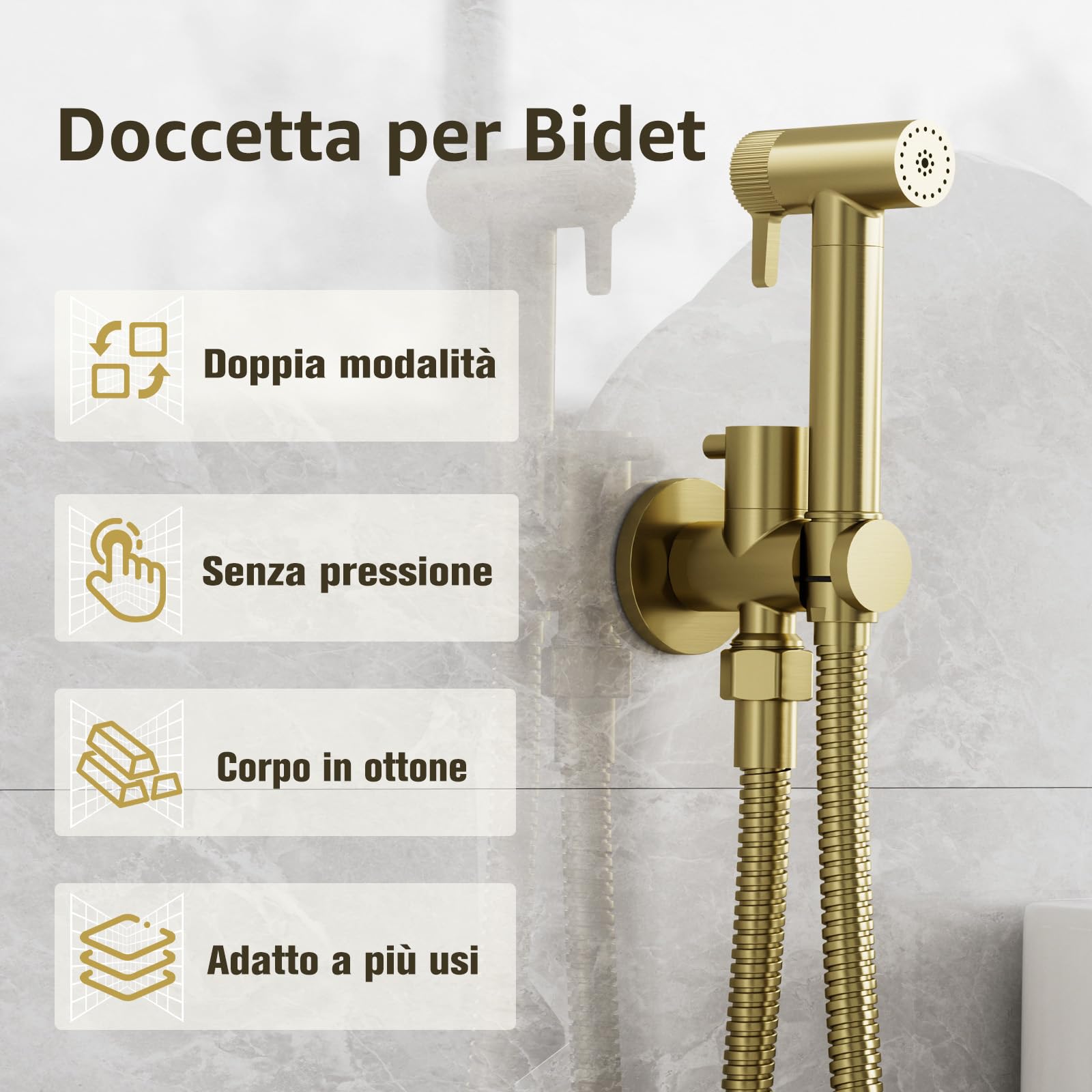 Doccetta per Bidet, 2 Modo de Agua Doccia Bidet, Non c'è Bisogno di Premere, Doccino per Bidet con Supporto e Tubo Flessibile, Adatto per L’igiene Personale/Pulizia del Bagno, Ottone