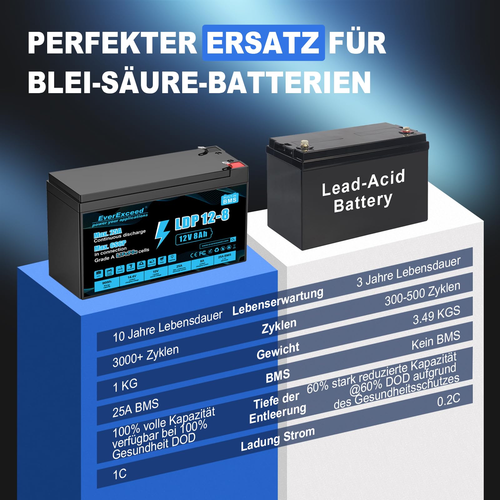 12V 8Ah Lifepo4 Batterie mit integriertem 25A BMS, 3000+ Tiefentladungszyklen 12V Lithium Batterie für USV, Power Wheels, Solar/Windenergie, Beleuchtung, Fischfinder und mehr