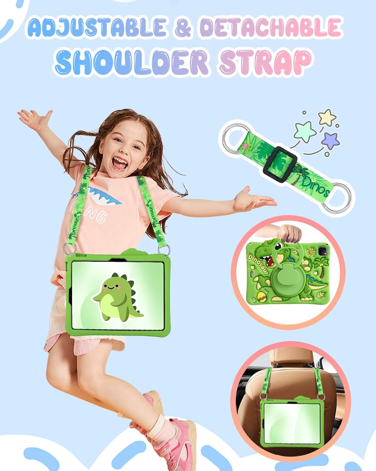 Boaretiu for iPad Air M4/M3/M2 11"/Air 4th/Air 5th Gen/for iPad Pro 11"(1/2/3/4) Case - Cute Cartoon Silicone Cover with Adjustable Shoulder Strap & Rotating Stand for Kids Boys Girls, Green Dinosaur