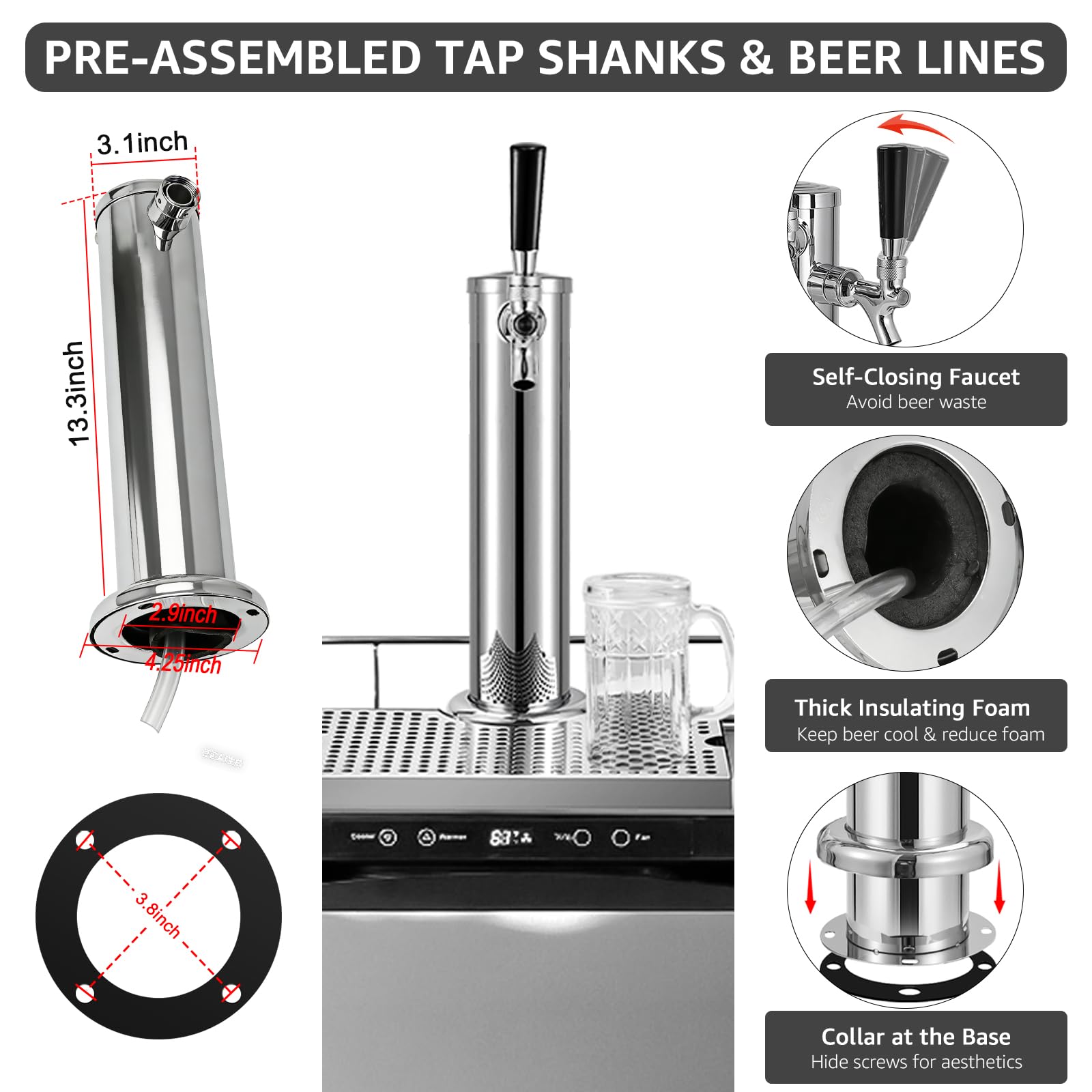 Torre de grifo de cerveza Kegerator de un solo grifo con bandeja de goteo de cerveza de acero inoxidable, torre de barril de cerveza preinstalada con bandeja de goteo de barril de piezas Kegerator