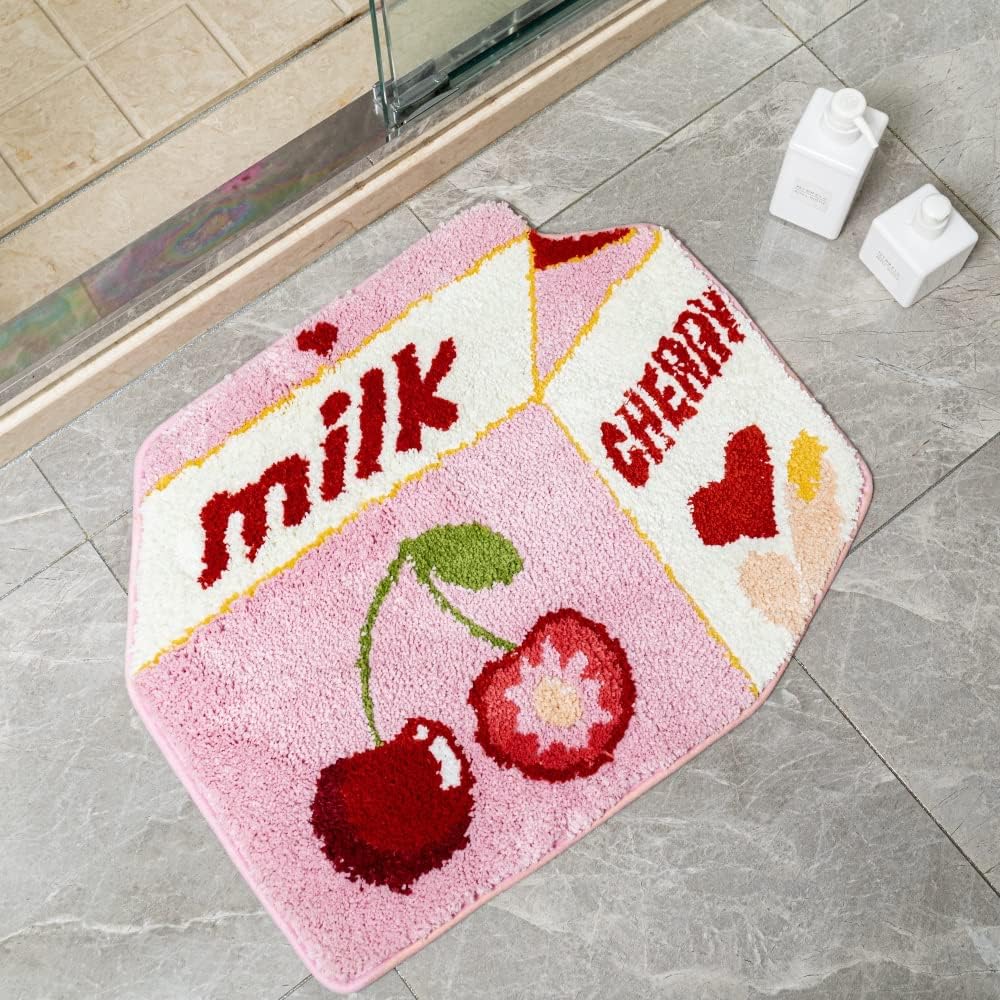 Fruit Cherry Bath Mat for Bathroom Cute Pink Bathroom Mats Non Slip Fruit Bath Mat Milk Cartoon Plush Shower Rug Absorbent Decor Bathtub Mat Washable