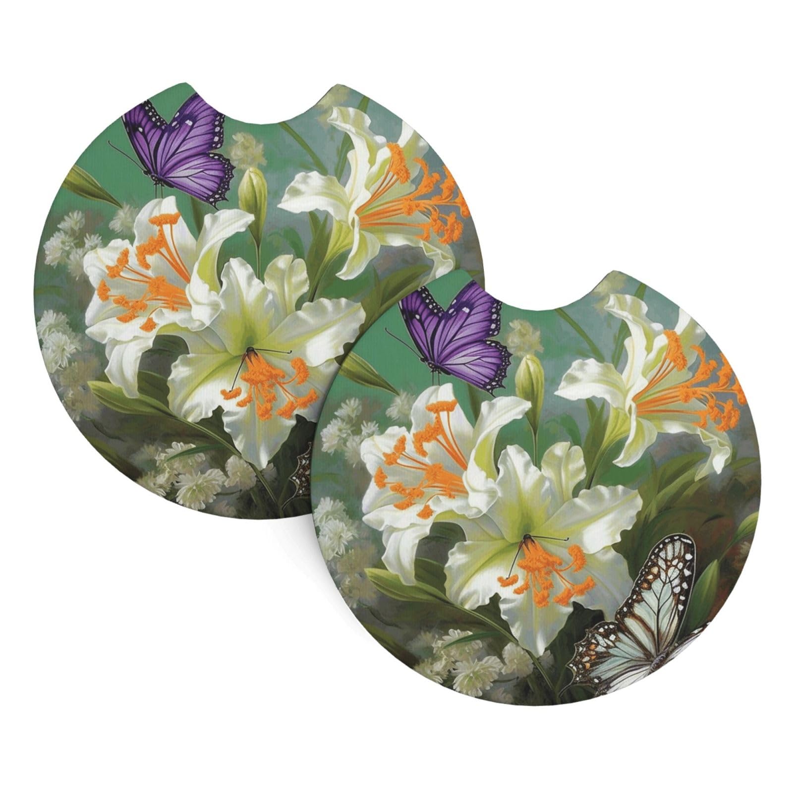 2 Pack Car Coaster for Cup Holders Lilies and Butterfly Car Cup Coaster 2.7" Neoprene Non-Slip Automotive Cup Mat Universal Auto Car Interior Accessories for Women Men Cup Pad
