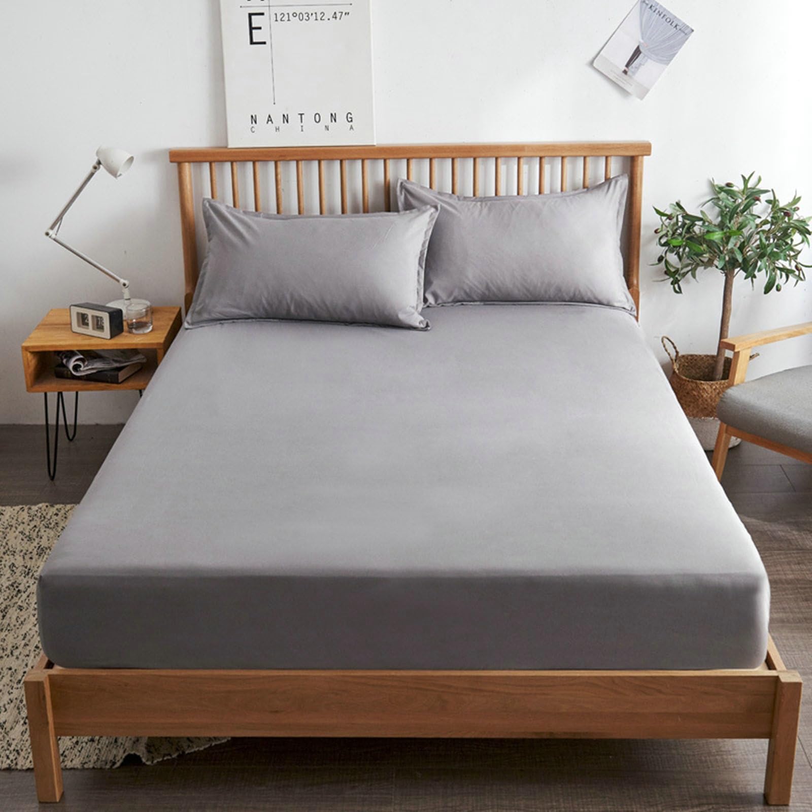 Epinki Bettlaken & 2er Kissenbezüge 180x220cm Set Allergiker, Spannbettlaken Spanner Einfarbig Hellgrau Textilien Klassische, Baumwolle Bett Laken Bezug für Boxspringbett & Wasserbett