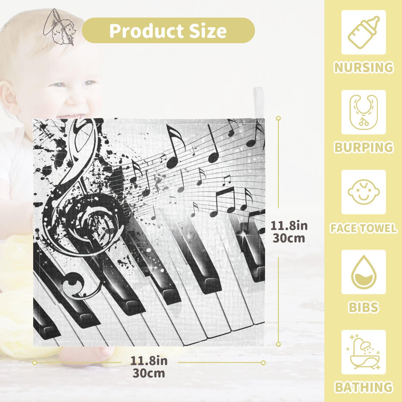 Kigai Piano Keys and Note Patterns Baby Washcloths,3pcs Ultra Soft Absorbent Towel,Newborn Bath Face Towel, Natural Reusable Baby Wipes for Sensitive Skin, Baby Registry as Shower
