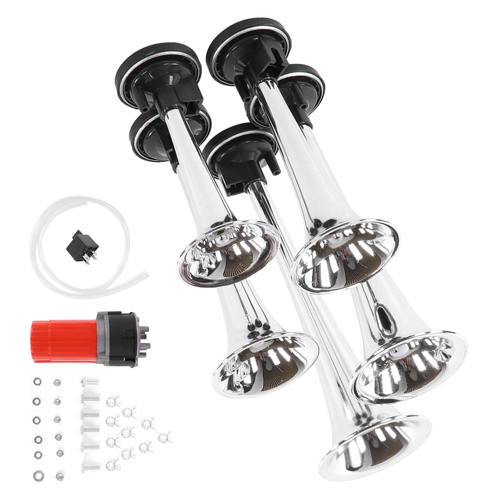 Avvisatore Acustico per Auto da 5 Pezzi Aggiornato 130 DB 12 V con Compressore D'aria Musica Jazz, Adatto per Camion, Autobus, Barche