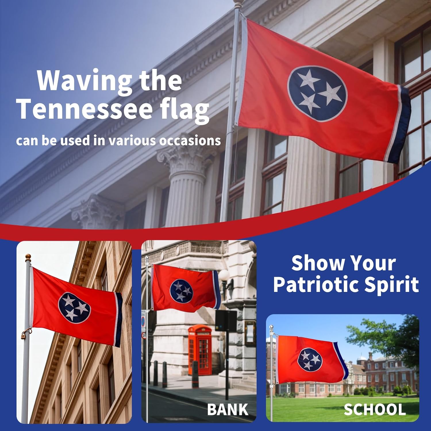 Tennessee Flag 3x5,Tennessee State Flag Outdoor,Embroidery Technique,Tear Resistant,Sewn Stripes and Brass Grommets,Upgraded High-strength Polyester Fabric,All Weather Durable State Flags. - Image 6