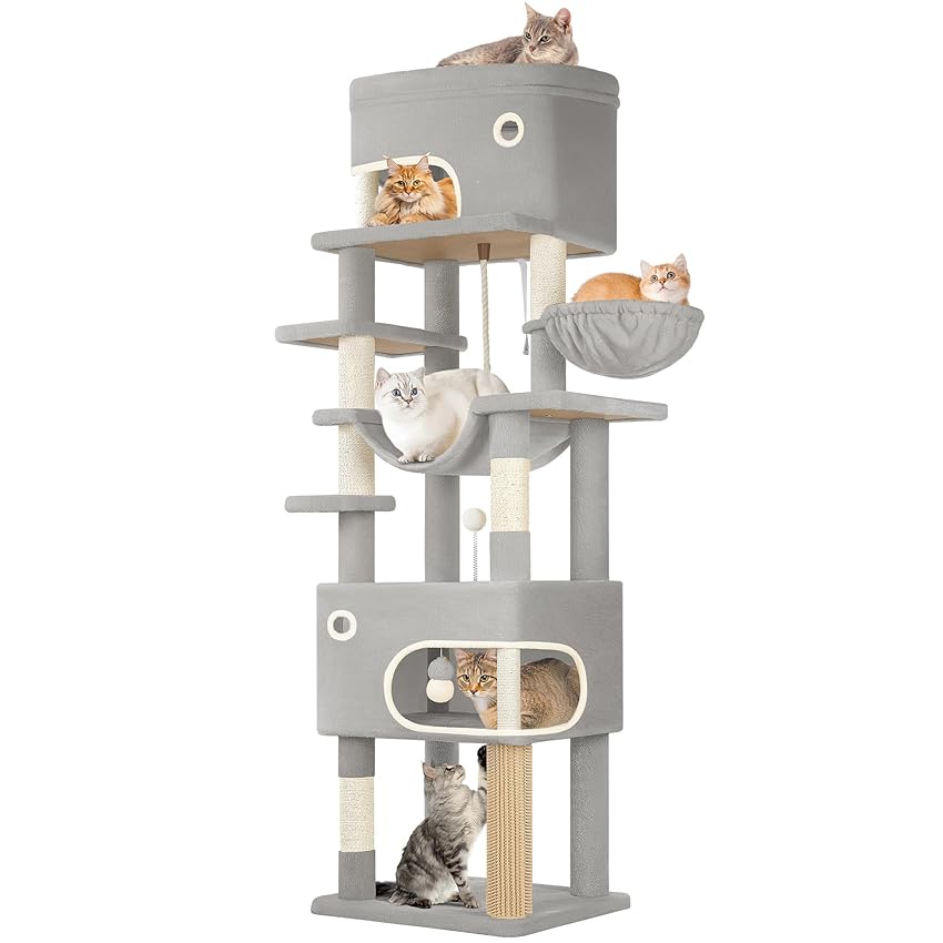 Hzuaneri Tiragraffi per Gatti, Albero per Gatti Multistrato da 203 cm con Grande Piattaforma, 2 Grotte, 7 Pali in Sisal, Pompon, Cesta, Amaca, Grigio Chiaro MS20318LG