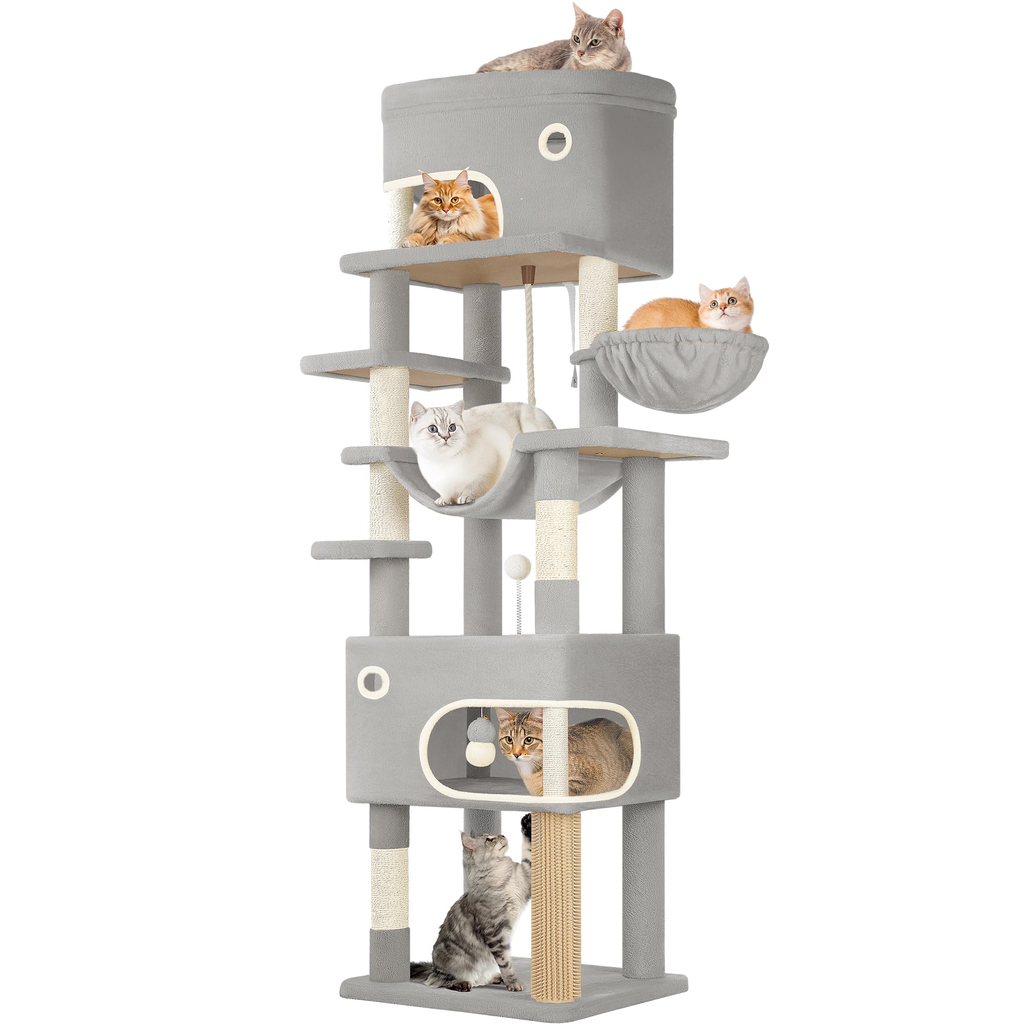 Hzuaneri Cat Scratching Post, 203 cm, wielowarstwowy koci pawilon z dużą platformą, 2 jaskinie, 7 słupków sizalowych, pompony, kosz dla kota, hamak, Jasnoszary MS20318LG