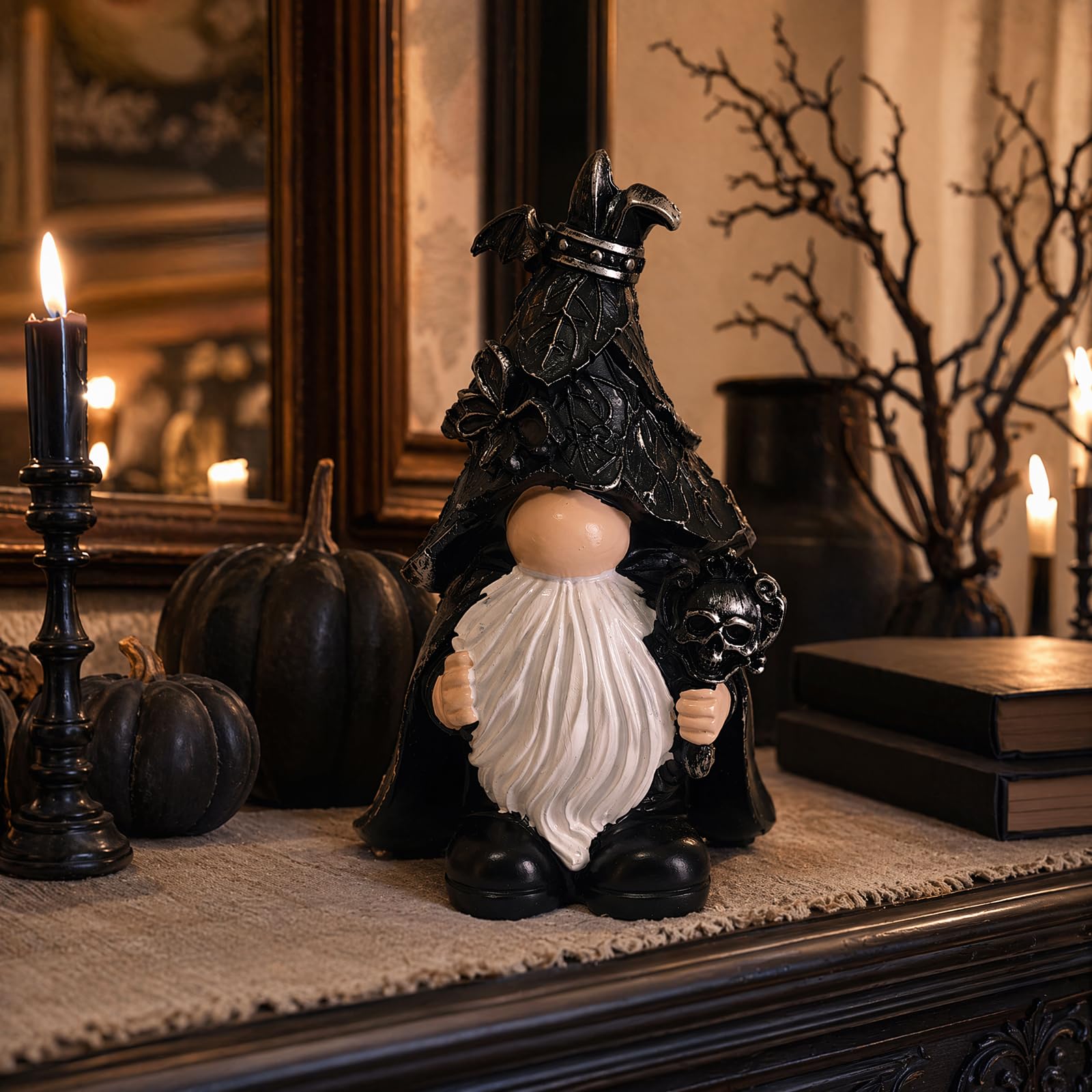 Halloween Resin Horror Gnome Figurine with Skull & Bat Wizard Gnome Statue