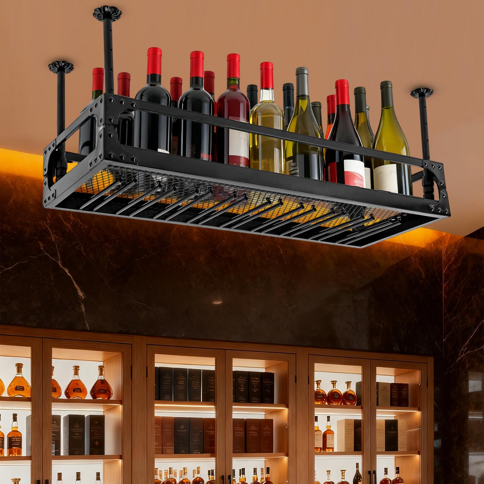 Estante de techo, estante para botellas de vino, soporte para botellas de vino, estante colgante retro de hierro, altura ajustable, estante colgante de hasta 50 kg, para bar, cafetería, cocina