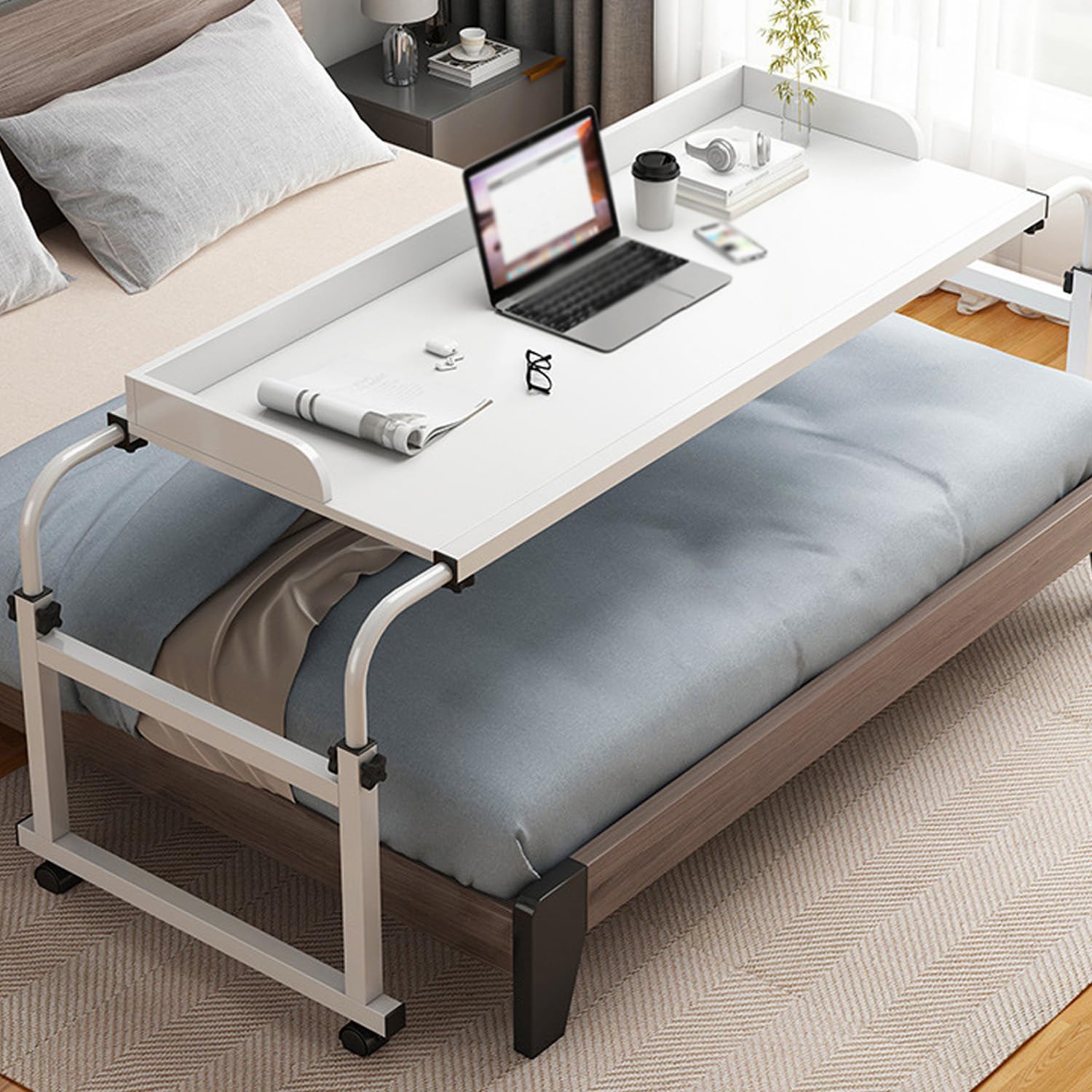 Tavolo con Ruote,tavolino con Ruote Portatutto Tavolino da Salotto Regolabile in Altezza, Multifunzionale 3 in 1 Porta Laptop da Scrivania(Color:White+)