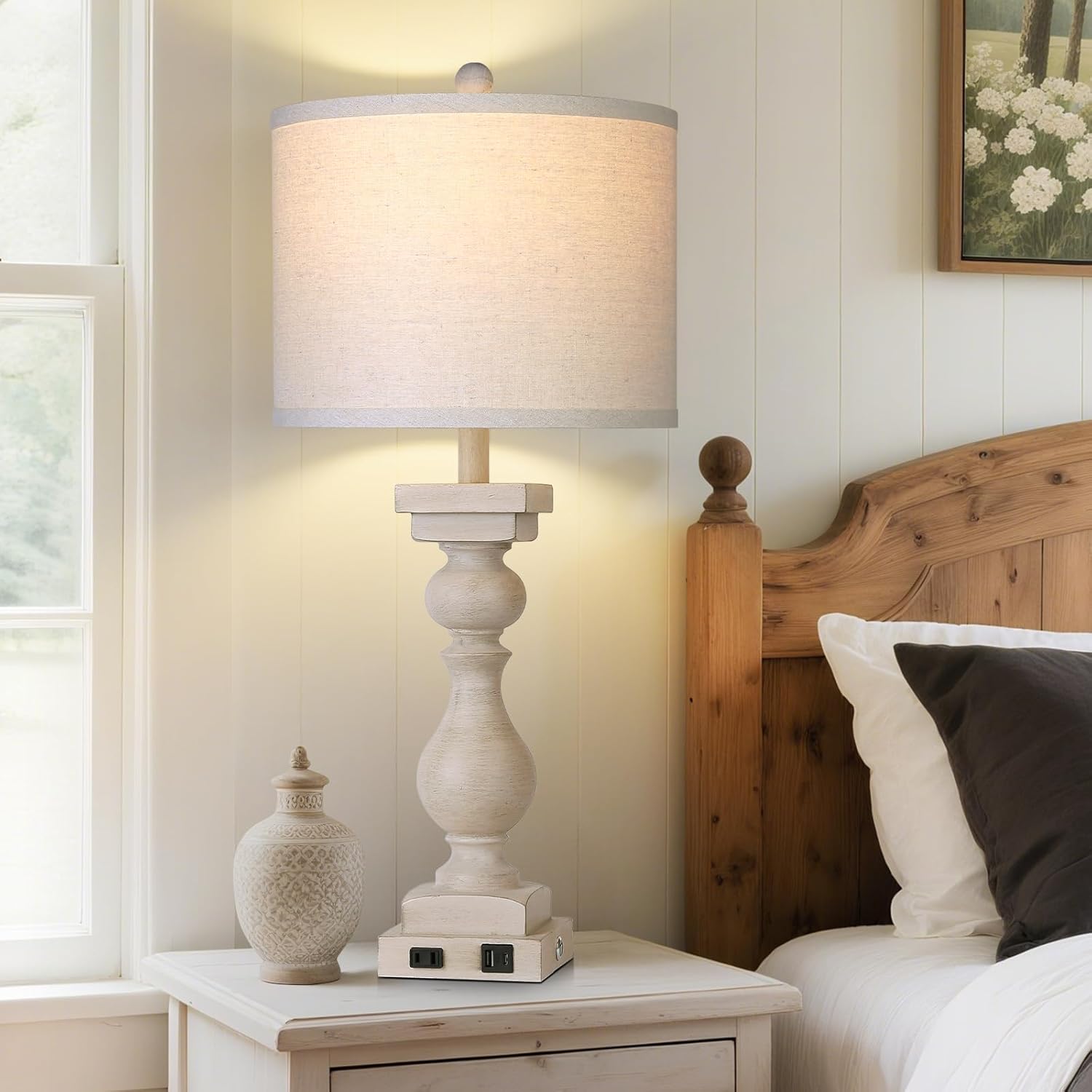 28" Tall Farmhouse Table Lamps Set of 2 with USB A+C Ports and AC Outlet, 3 Way Touch Rustic Bedside Lamps for Living Room, Beige Vintage Lamps for Bedroom