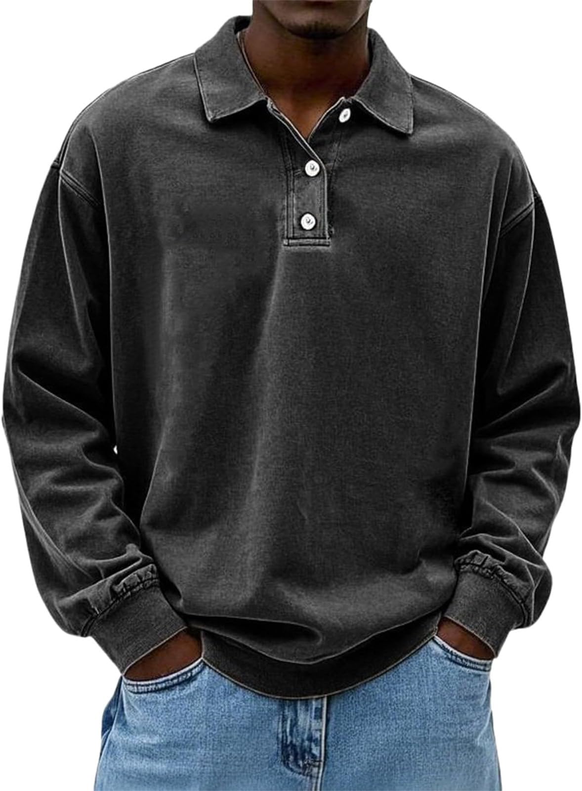 Men's Polo Shirts Long Sleeve Solid Color Pullover Tops Soft Lightweight Breathable Polo Shirt Basic Button Down T-Shirt Gym Workout Polo T Shirts