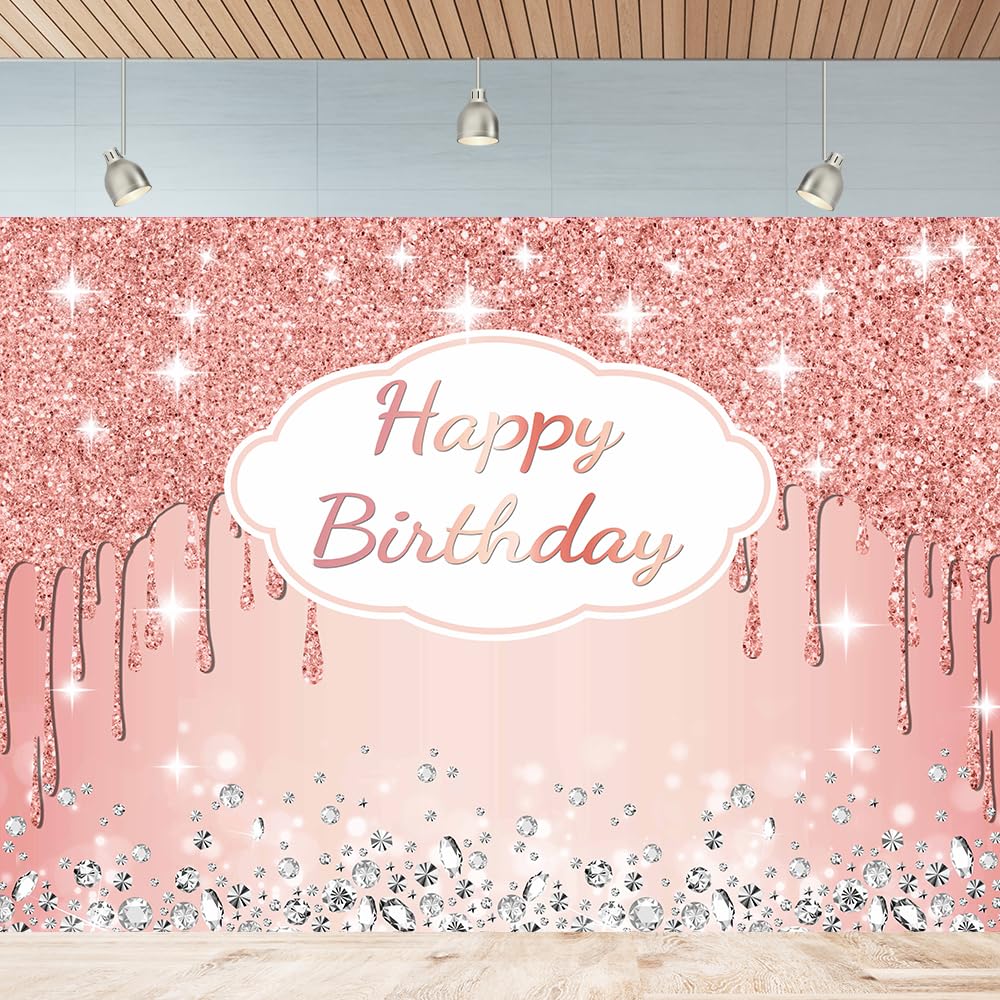 Pink Diamond Happy Birthday Backdrop for Women Girls Pink Shine Silver Happy Birthday Backdrop Banner Decorations 7x5Ft