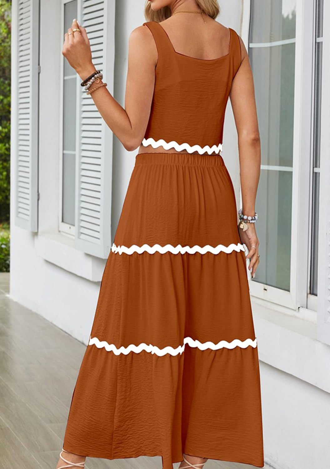 OMZIN 2 Piece Suiting Maxi Party Loose Dress for Women Spring Summer Square Neck Sleeveless Tank Crop Tops Dresses