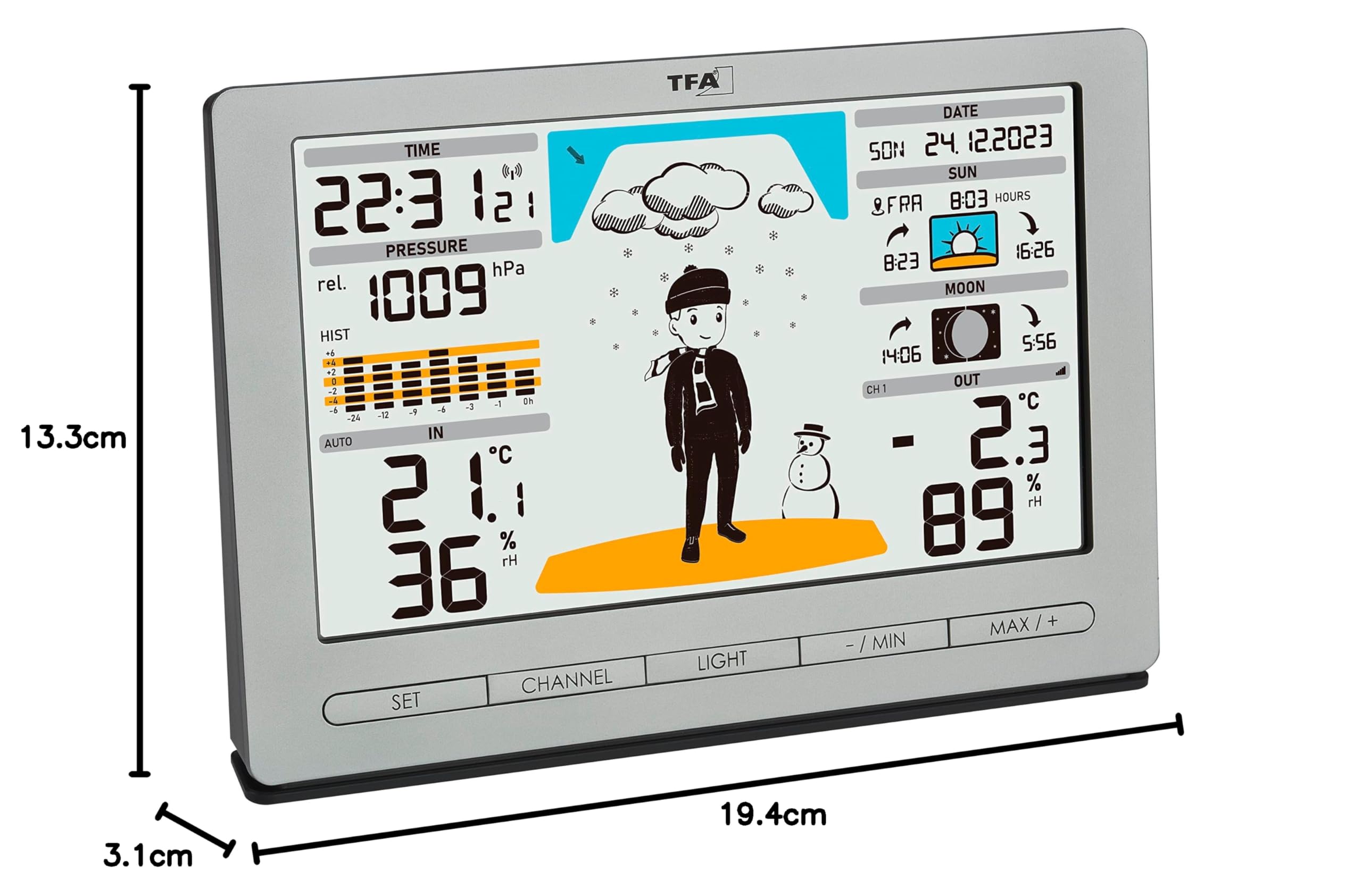 TFA Dostmann Stazione meteo radio METEO JACK, 35.1097.54,con sensore esterno, con previsioni del tempo, pressione atmosferica, fasi lunari, alba e tramonto, orologio radio, argento