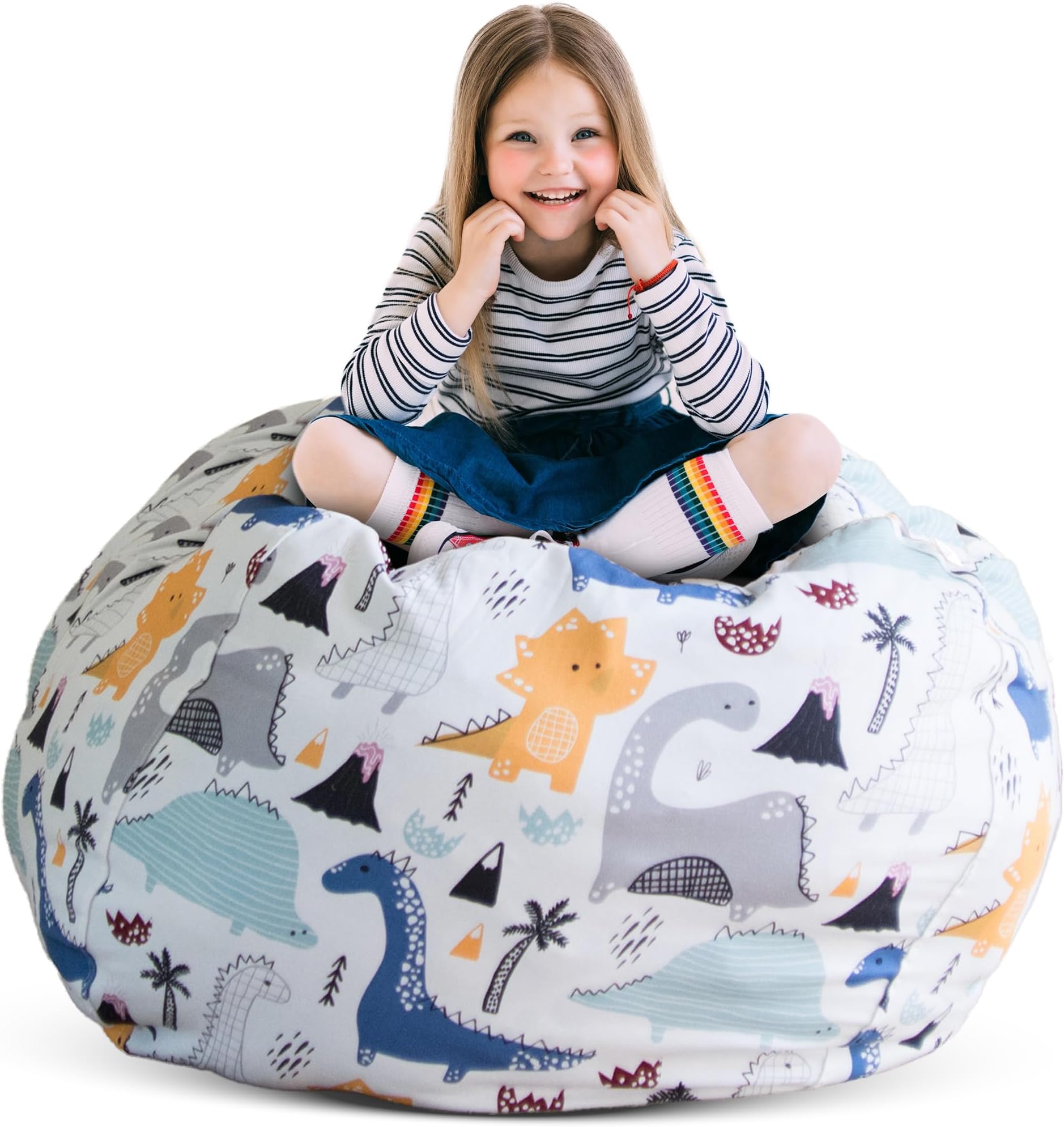 Stuff ’n Sit Large 33’’ Bean Bag Storage Cover for Stuffed Animals & Toys, Giant Beanbag Chair for Kids Ages 3-14, Bedroom Organizer for Easter, Dinosaur