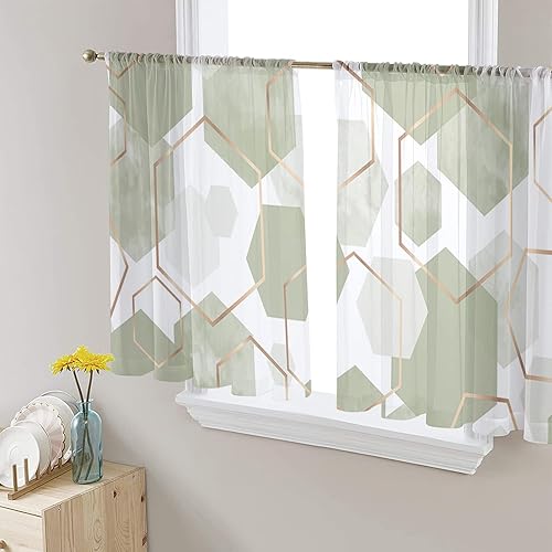 Wowouhiya Cortinas traslúcidas geométricas color verde salvia de 45 pulgadas de largo, juego de 2 paneles de cortinas para dormitorio, arte