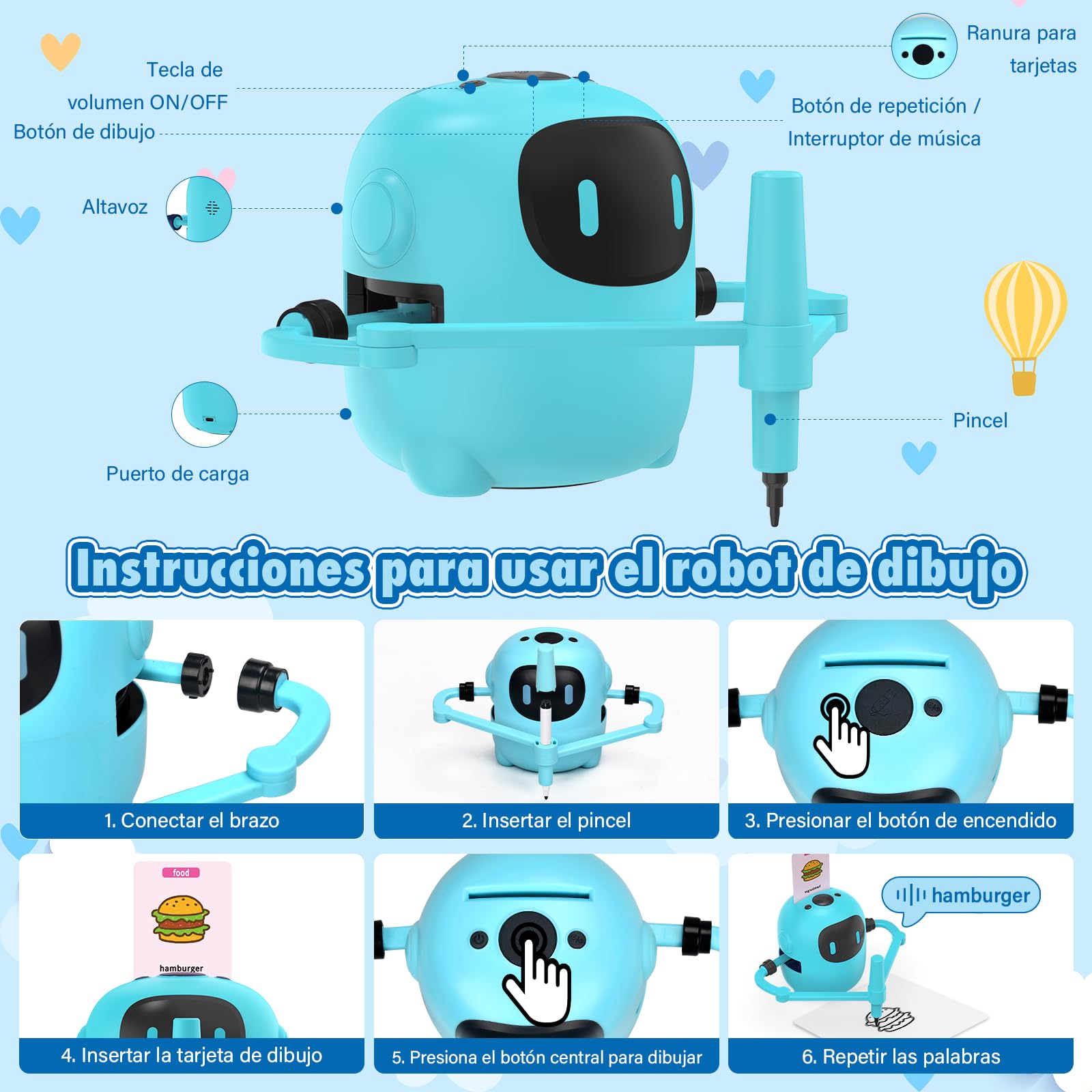 Robot de Dibujo Interactivo para Niños - Juguete Educativo con 100 Tarjetas y Lápiz, Robot Infantil con Voz en Inglés Recargable USB Type-C - Juguete Creativo para Niños y Niñas 3–10Años(Azul)