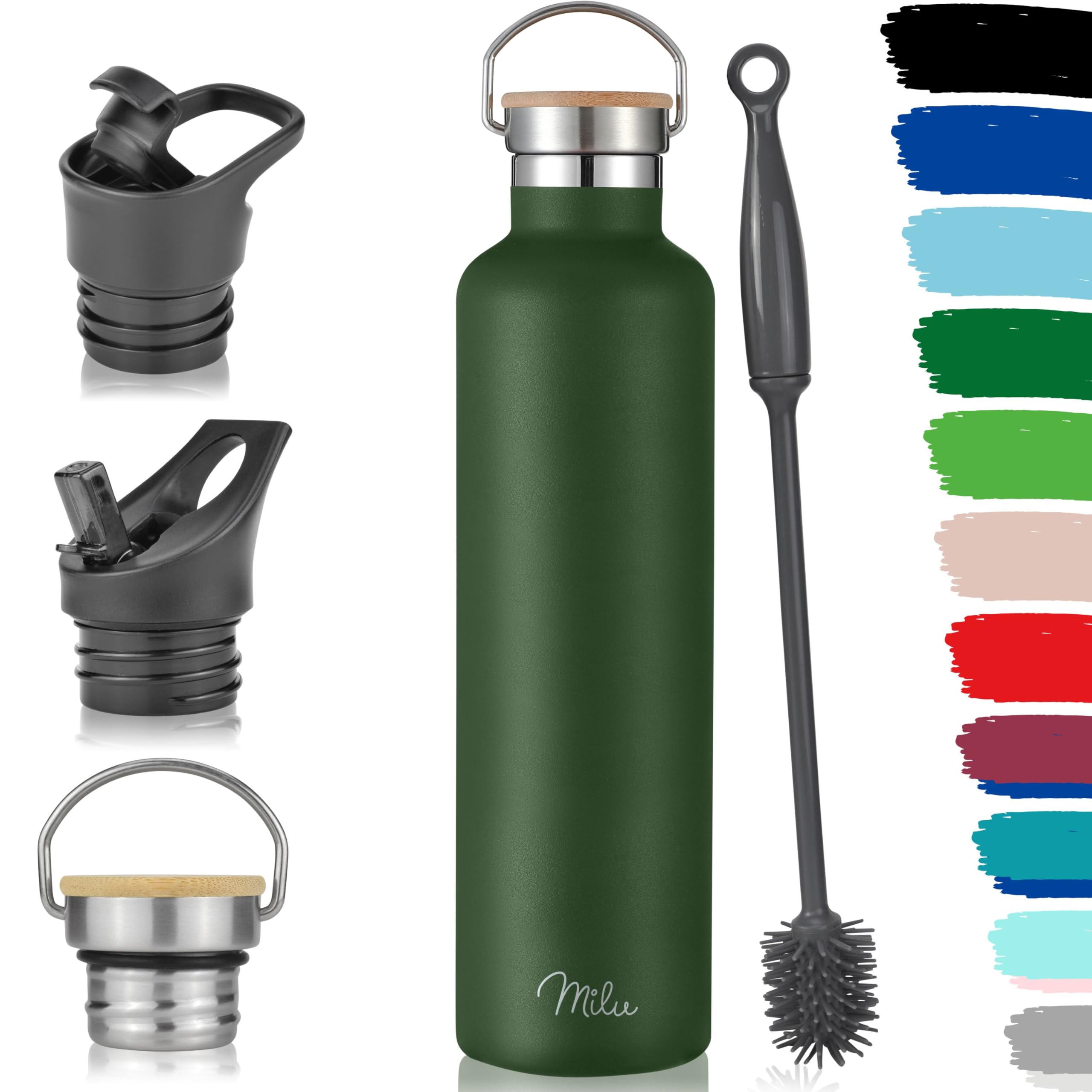 Milu Olive Green Stainless Steel Drinking Bottle 350Ml, 500Ml, 750Ml, 1L (+3 Lids) - Thermo Bottle With Straw, Water Bottle, For Hot, Cold & Carbonated Drinks (, 1000Ml)