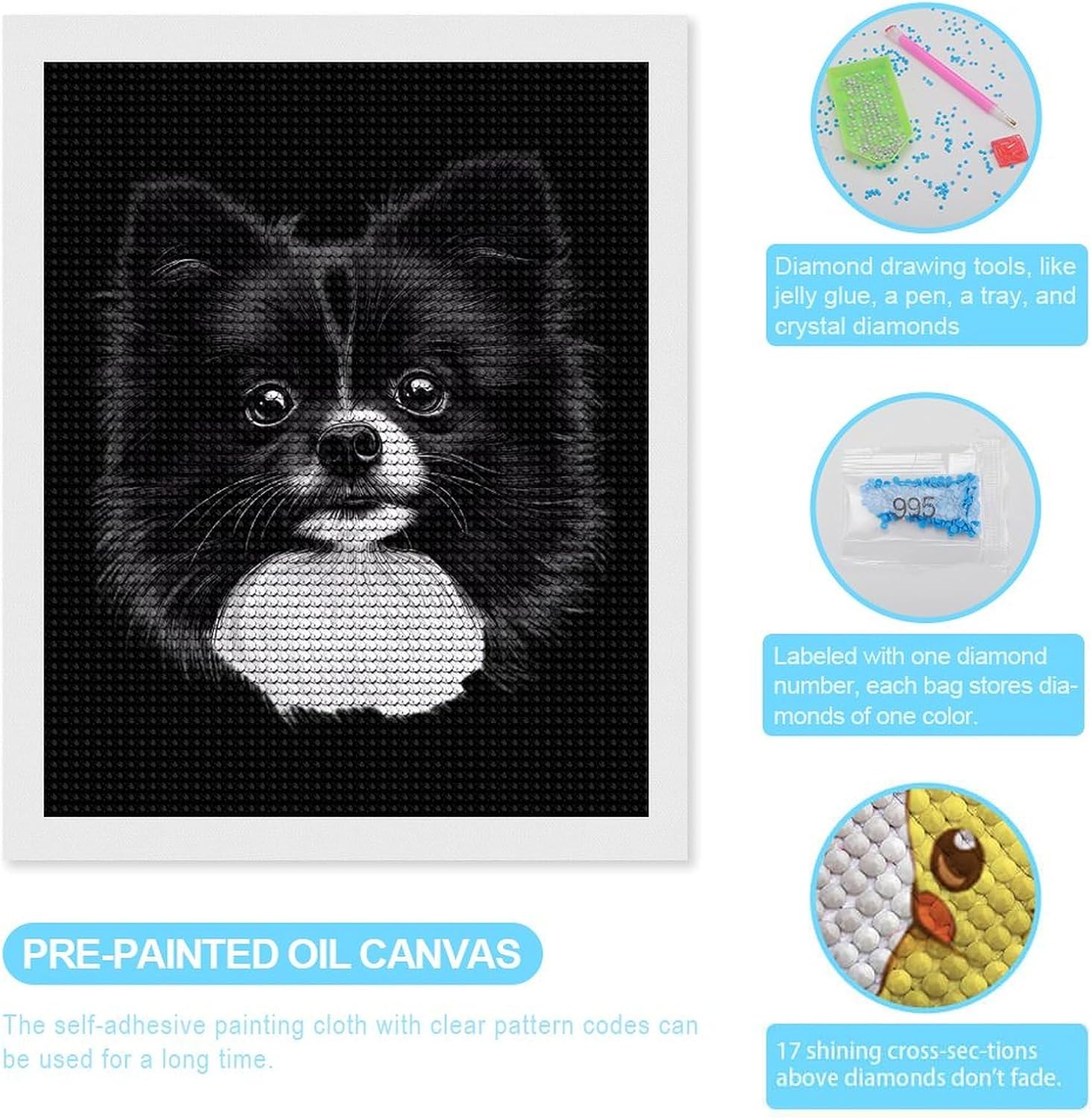 Black and White Pomeranian Dog Round Diamond Painting Kits 5D DIY Full Drill Rhinestone Arts Wall Decor for Adults
