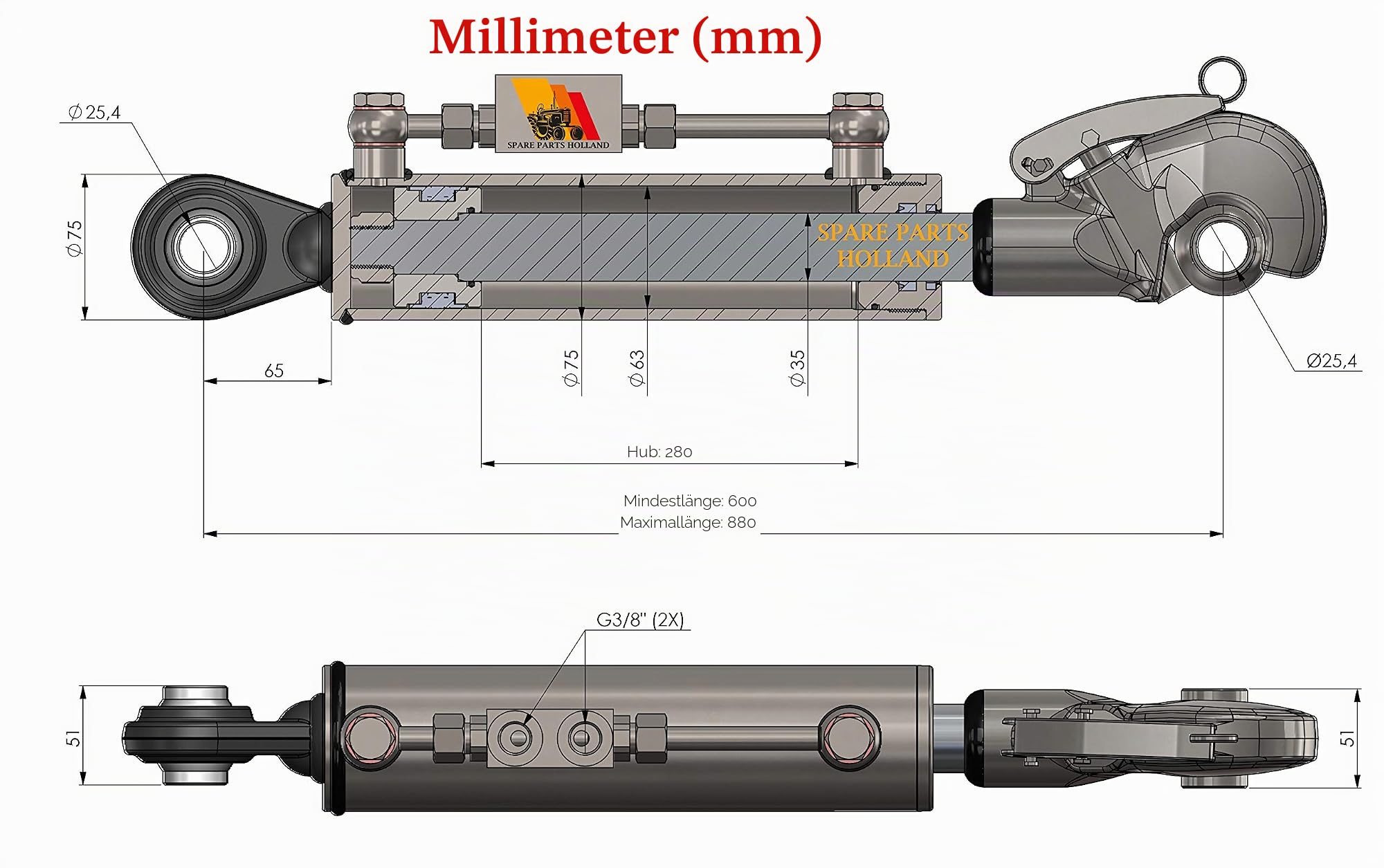Hydraulischer Oberlenker Kat. 2-2 (600-880 mm) mit Fanghaken, Sperrblock und Schläuchen
