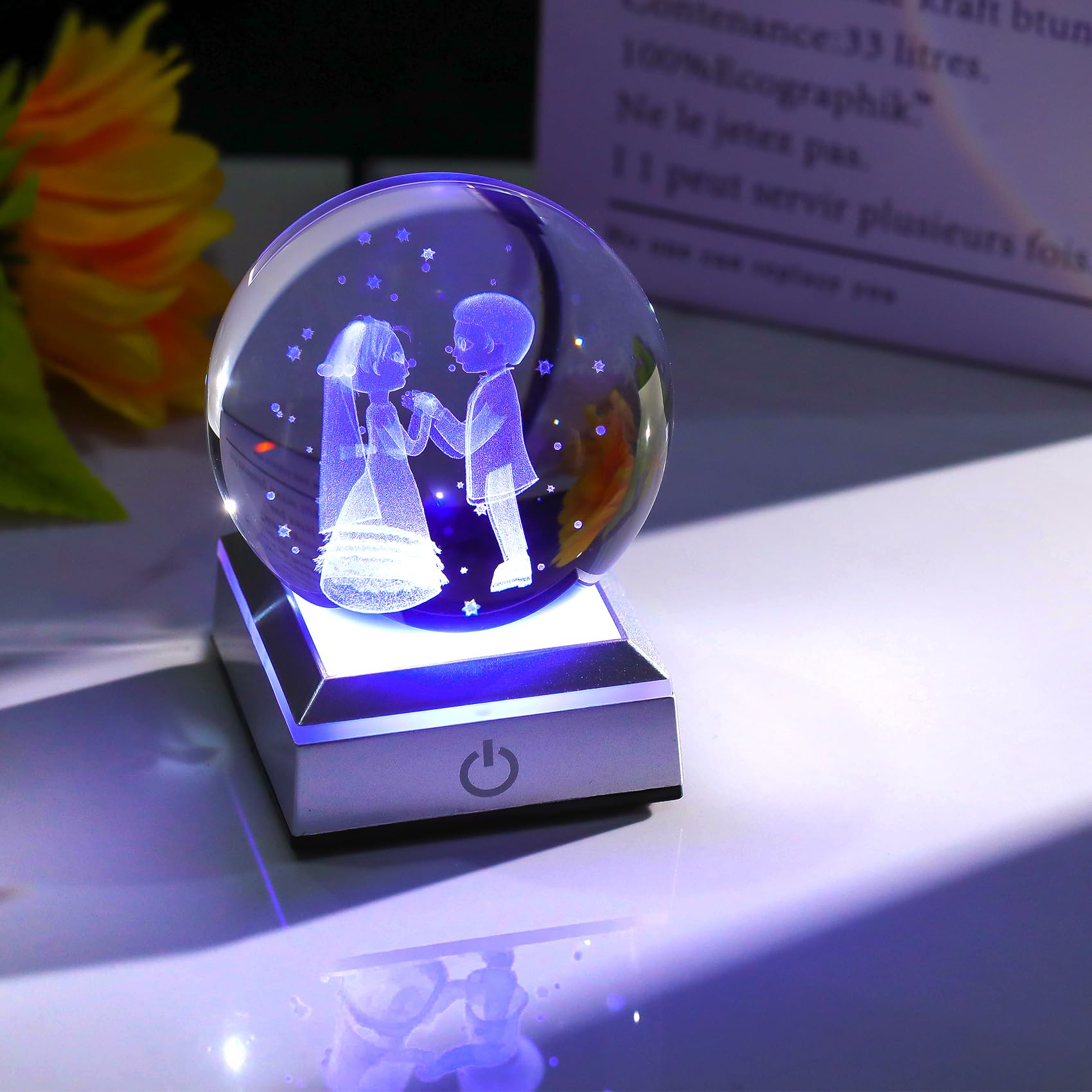 Movdyka Crystal 3D Wedding Couple and Stars Ball 3.15in with LED Lights Gifts for Bride and Groom Decorative Glass Ornaments Sweet Newlyweds Engraving Married Anniversary Presents for Partner - Image 4