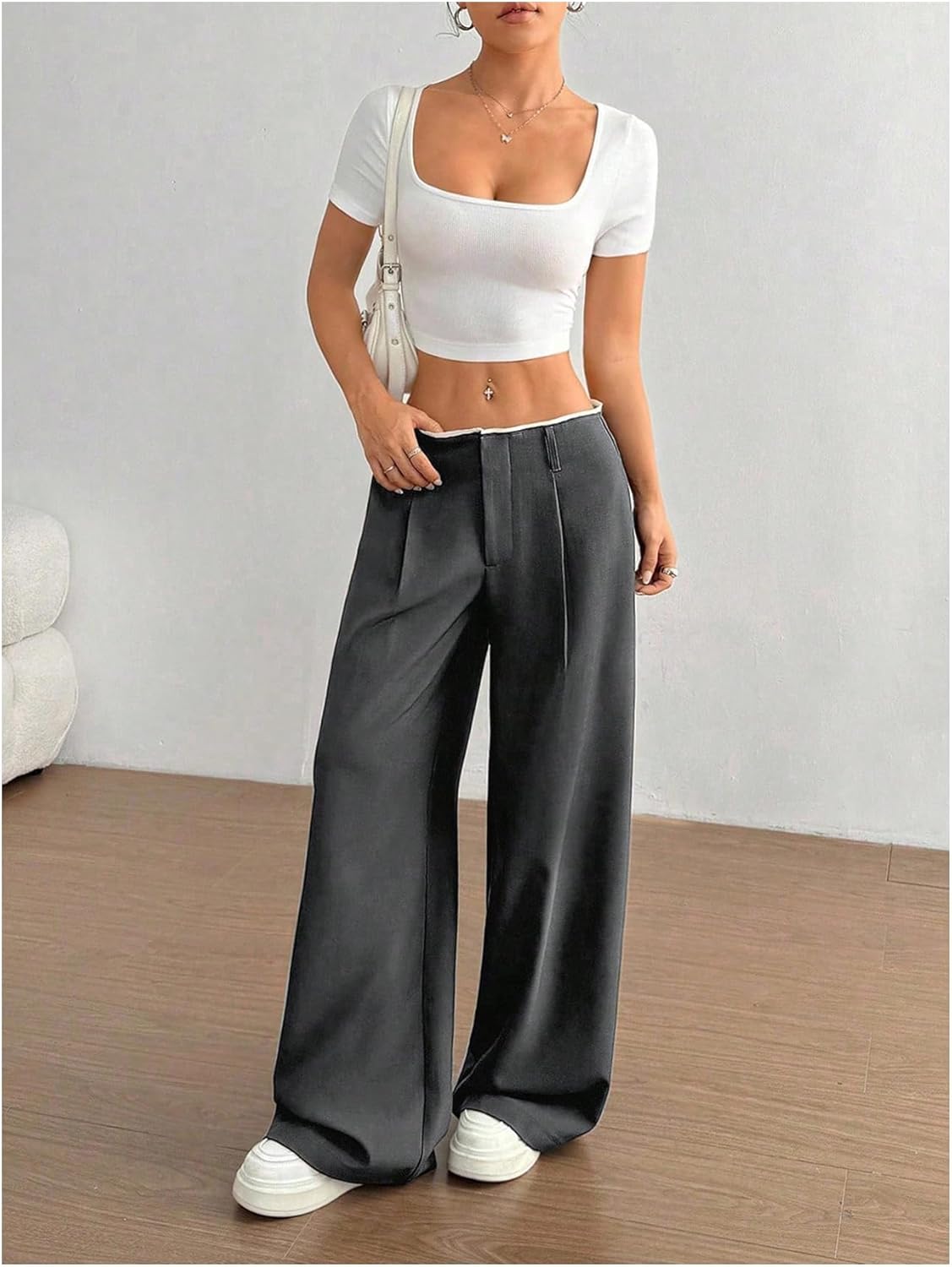 GORGLITTER Women's Low Rise Dress Pants Business Casual Wide Leg Trousers Work Dressy Low Waisted Straight Slacks Pants - Image 5