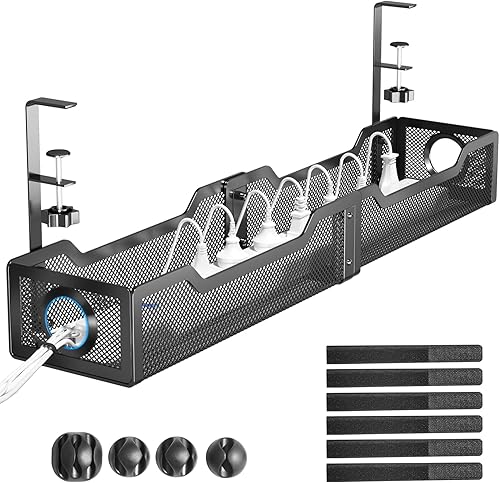 Miniatura 13 de Cinati - Bandeja organizadora de cables para colocar debajo del escritorio, con abrazadera, no daña el escritorio y no se necesita taladro, para