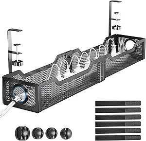 [Upgraded] Extra Large Under Desk Cable Management, Cinati 25" Wire Organizers No Drill, Cable Tray with Clamp for Wire Management, Cord Organization Box for Office, Home - No Damage to Desk(Black)