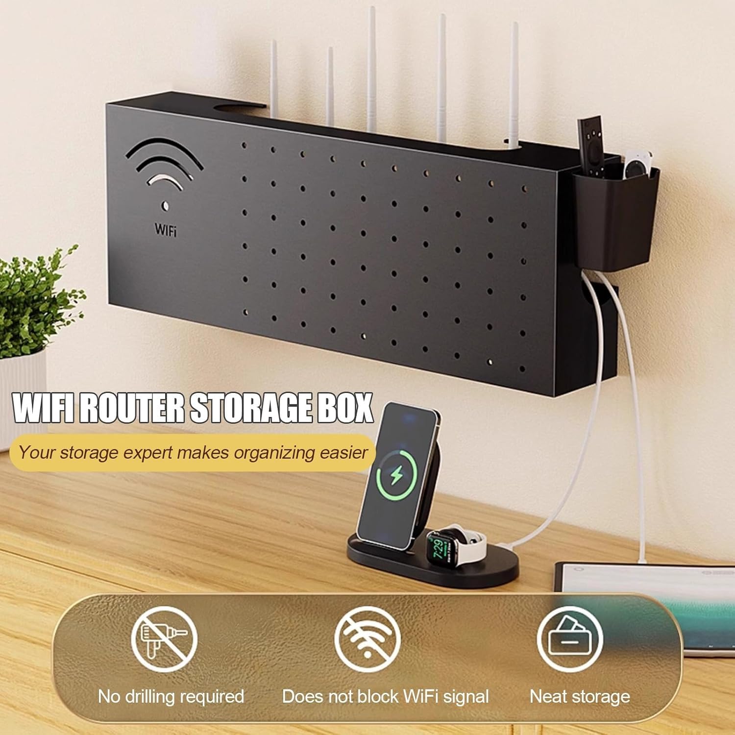 Mobile Da Parete in Acciaio Al Carbonio Per Router, Mobile Porta-Modem E Dispositivi Multimediali, Scaffale Portaoggetti Per Soggiorno, Ufficio E Camera Da Letto,Nero,50x10x20cm
