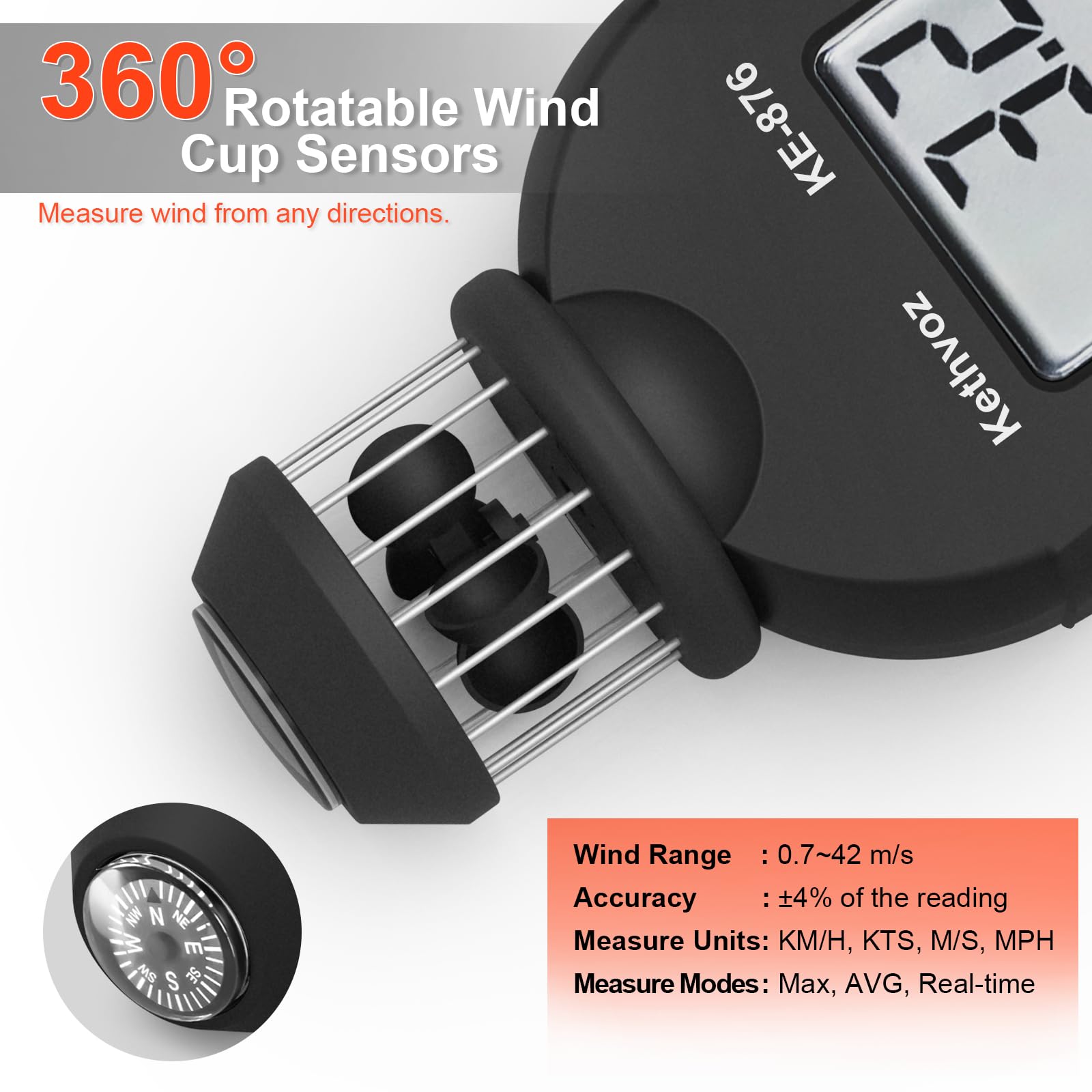 Kethvoz Anémomètre Numérique de Compteur de Vent, Jauge Anemometer de Vitesse de Vent de Coupe Portative Mesure le Débit d'air pour la Voile, le Drone les Activités de Plein Air 876