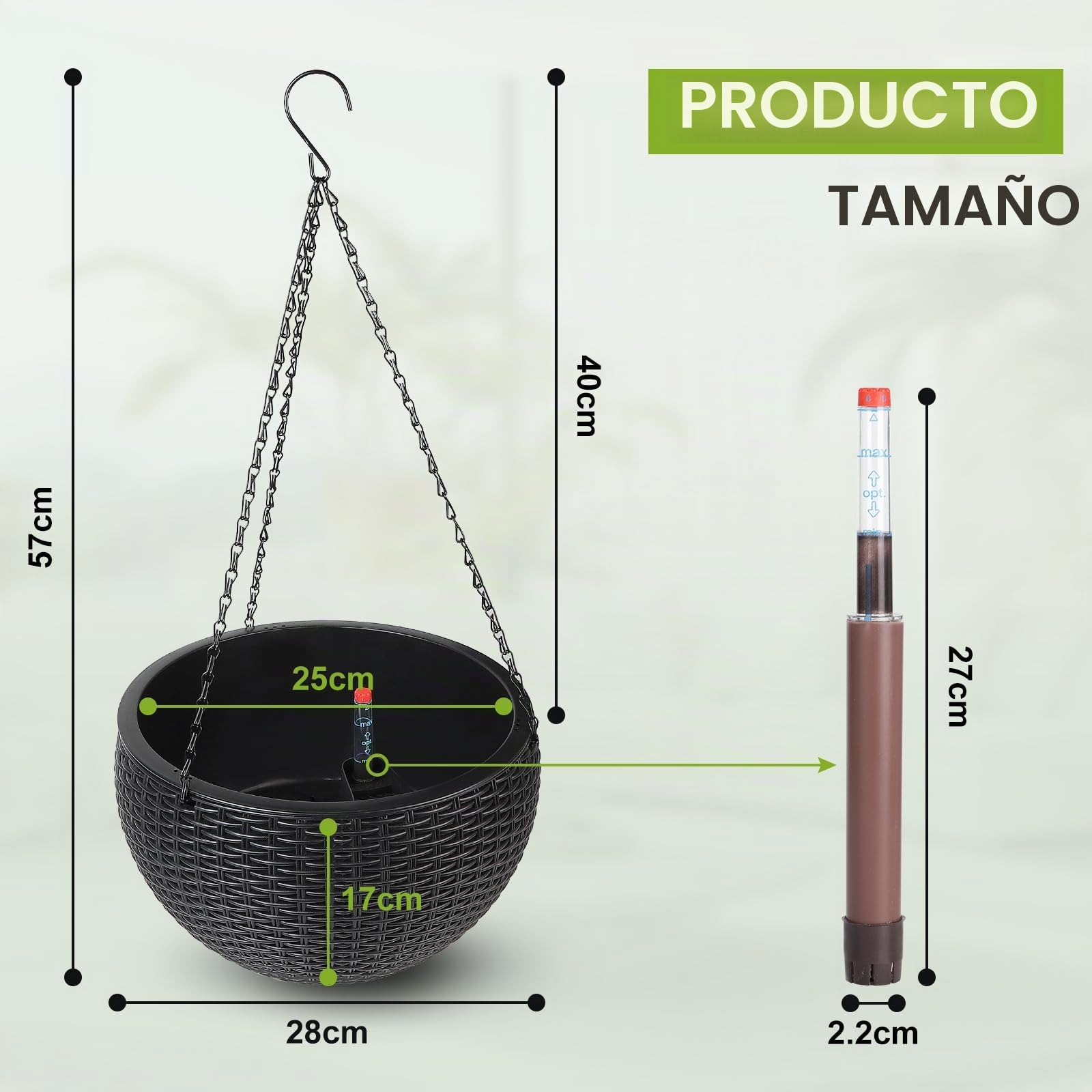 CPROSP 2pcs 28cm Auto-Riego Jardinera Colgante con Indicadores de Nivel de Agua y Ganchos De Cadena, Autorriego Maceta Colgante, Jardinera De Riego Maceta Auto para Exteriores, Techos, Balcones Negro