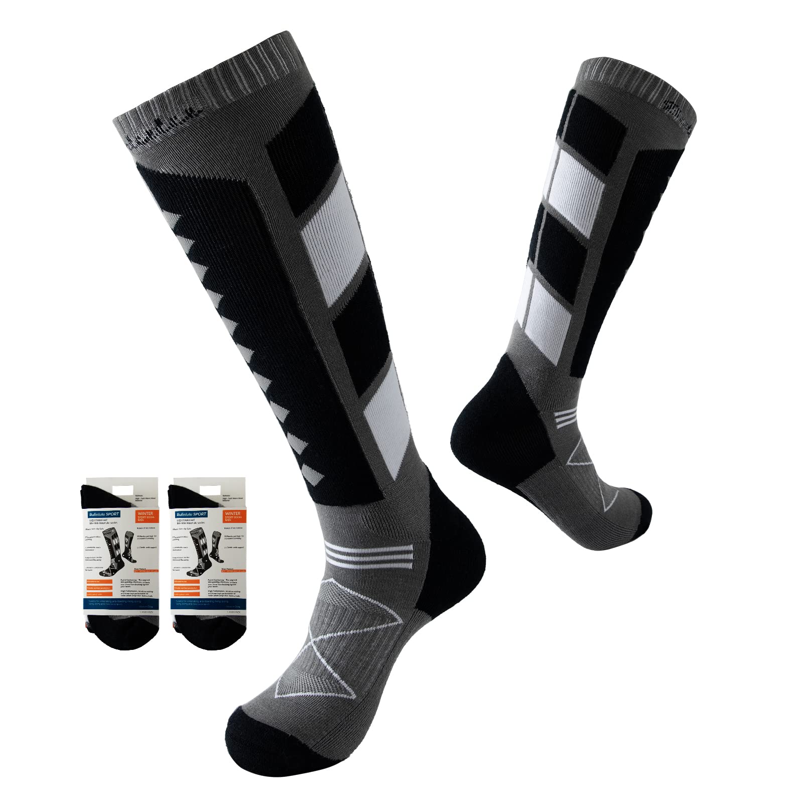 Bulinlulu Merino Wool Ski Socks 2 Pairs Pack for Skiing