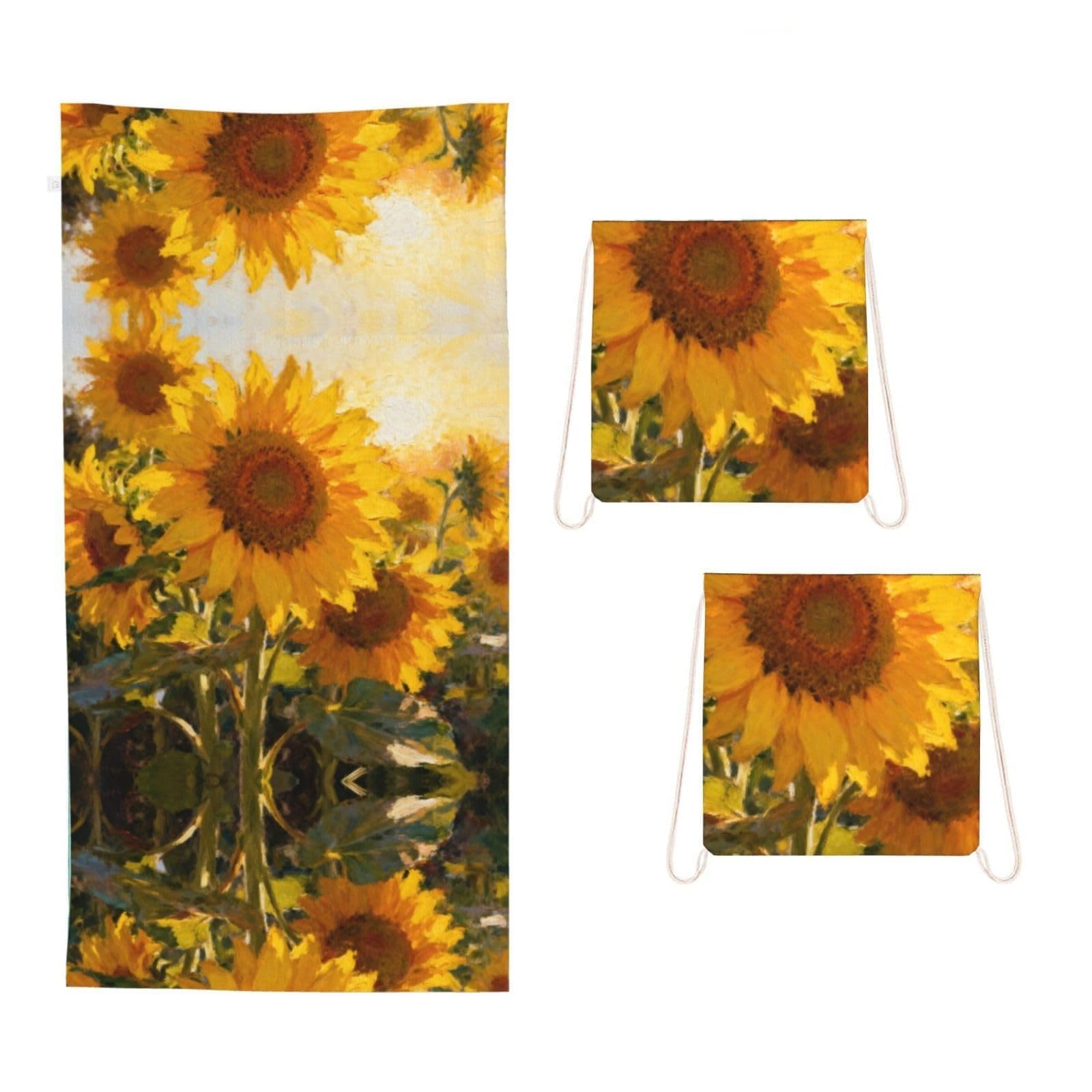 Afternoon sunflowers 2 in 1 Packable Towel Bag-Large Beach Towel with Stuff Sack, Super Absorbent Microfiber Travel Towel for Pool