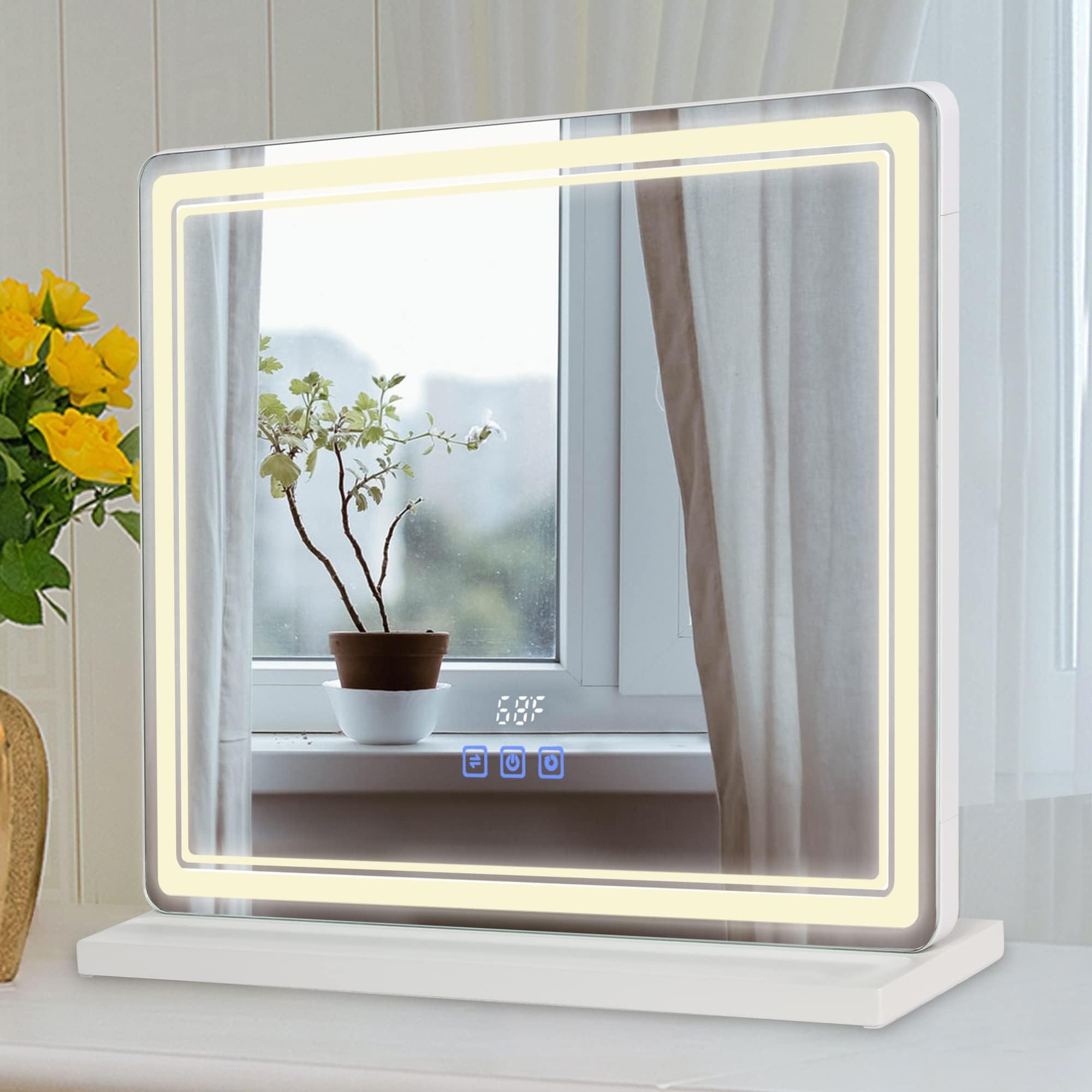 LarethVanity Mirror with Lights Time and Temp Hollywood Makeup Mirror 22.83" W x 18.11" H Large Lighted Mirrors w/ 3 Color Modes LED Light Dimmable Touch Control Tabletop & Wall Mounted(White)